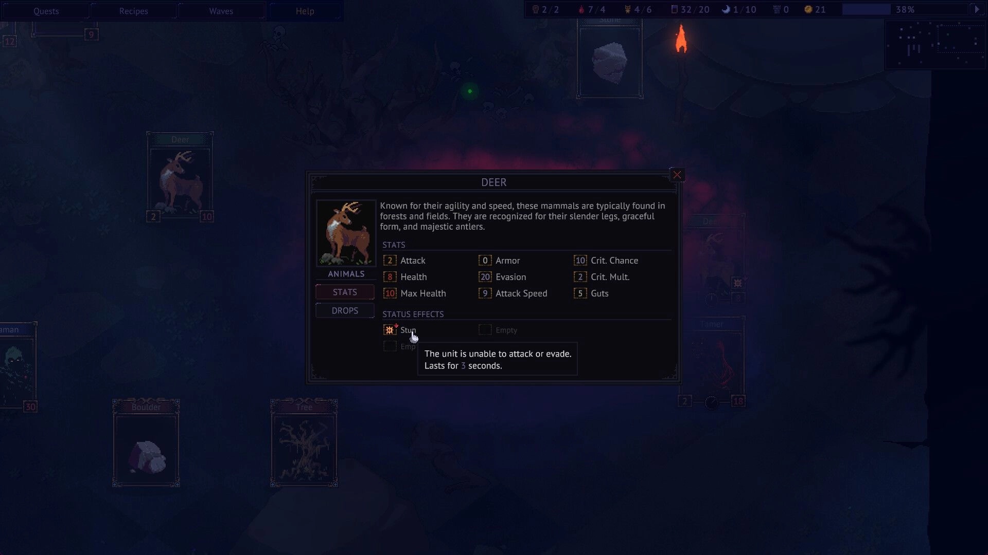 Decks of the Damned: Deer stats and effects menu displayed in dark forest setting with card interface.