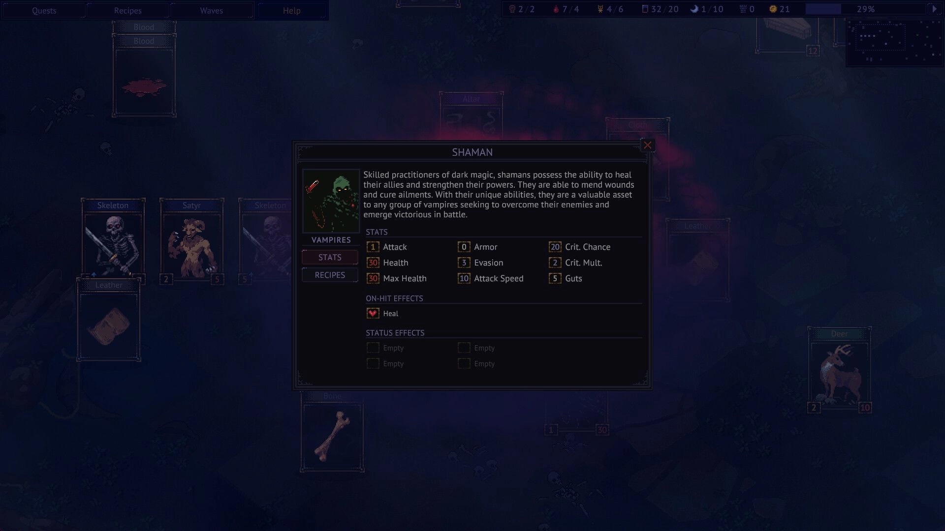 Decks of the Damned: Shaman stats and abilities menu in dark forest encounter with enemy cards displayed