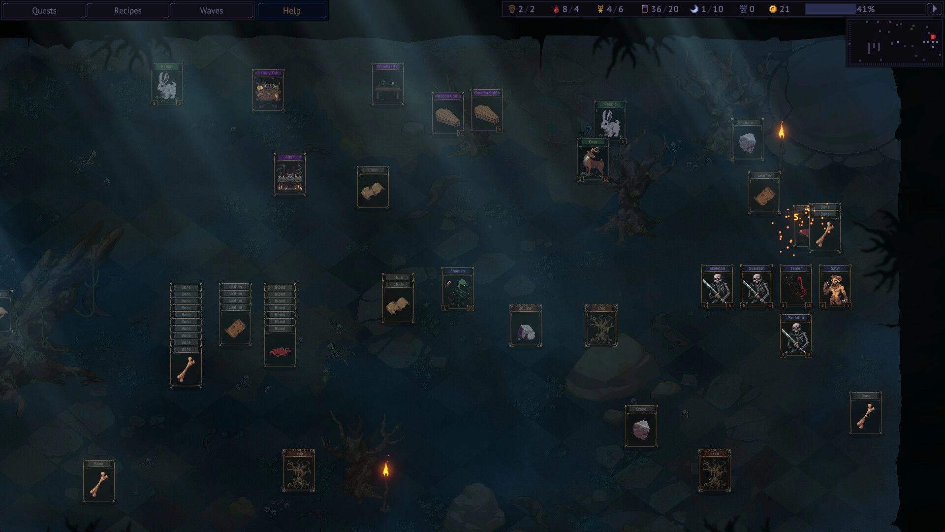 Decks of the Damned: Inventory screen with crafting materials and undead army cards in a shadowy forest.