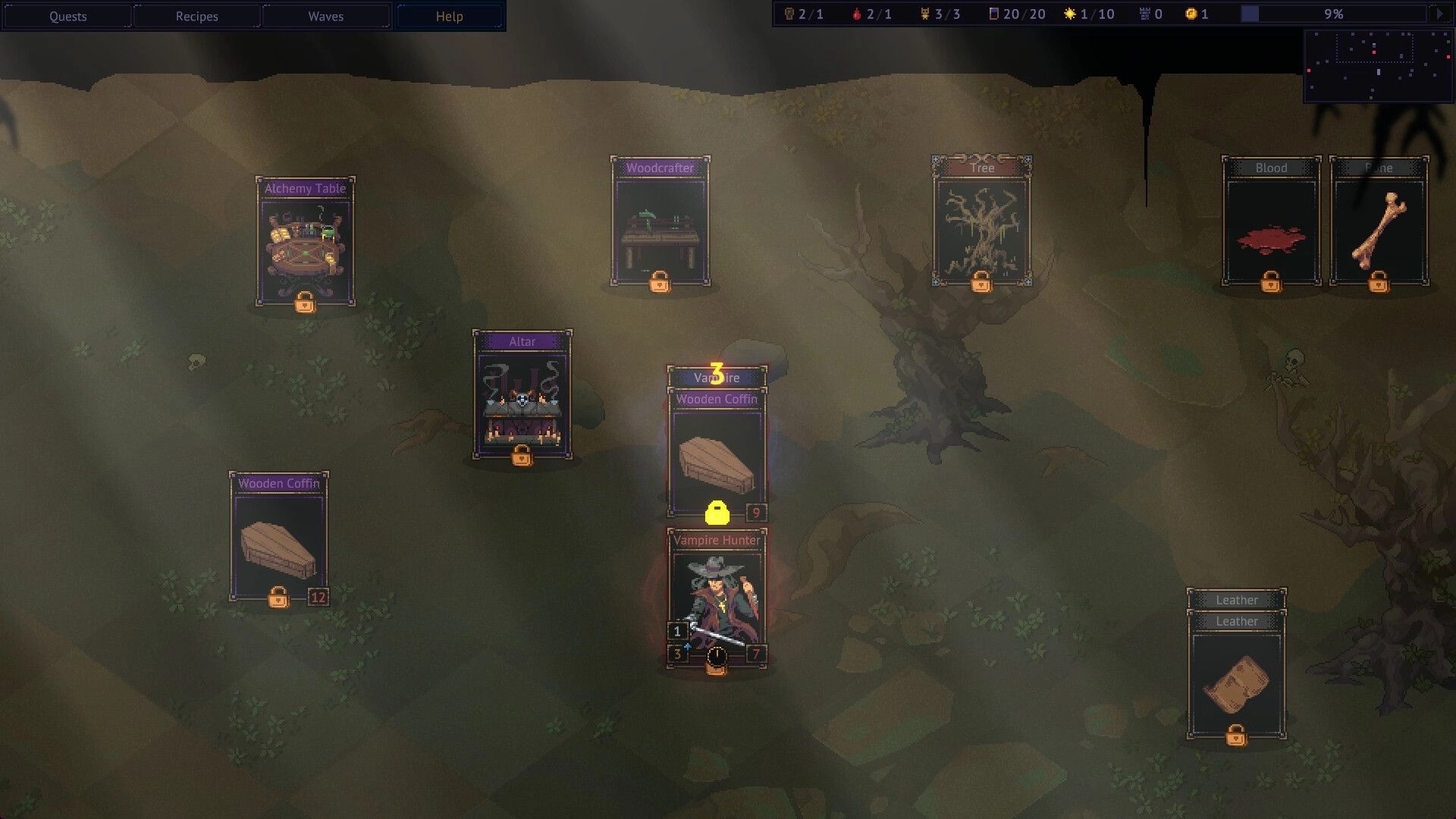 Decks of the Damned: Resource management interface with crafting stations and a vampire unit in forest.