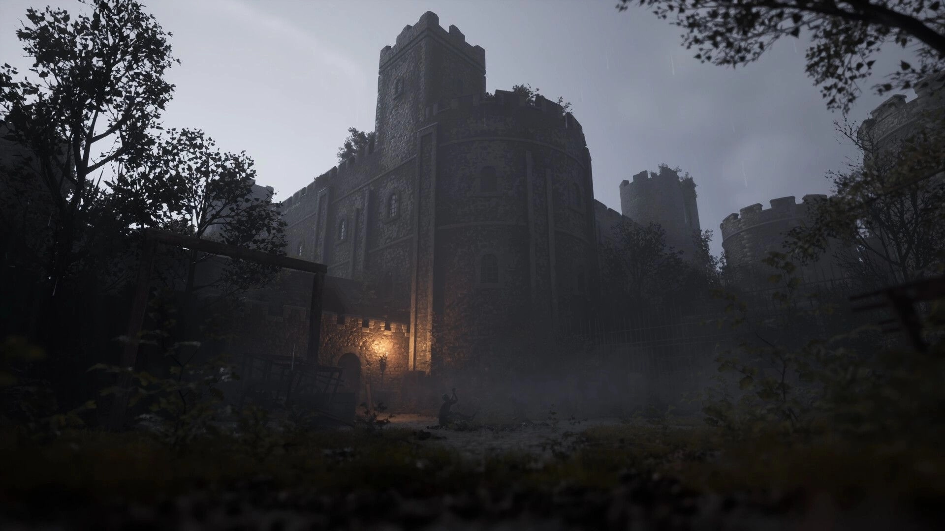 Decrepit: Silhouetted figure kneels near a glowing light outside a foggy, towering medieval castle