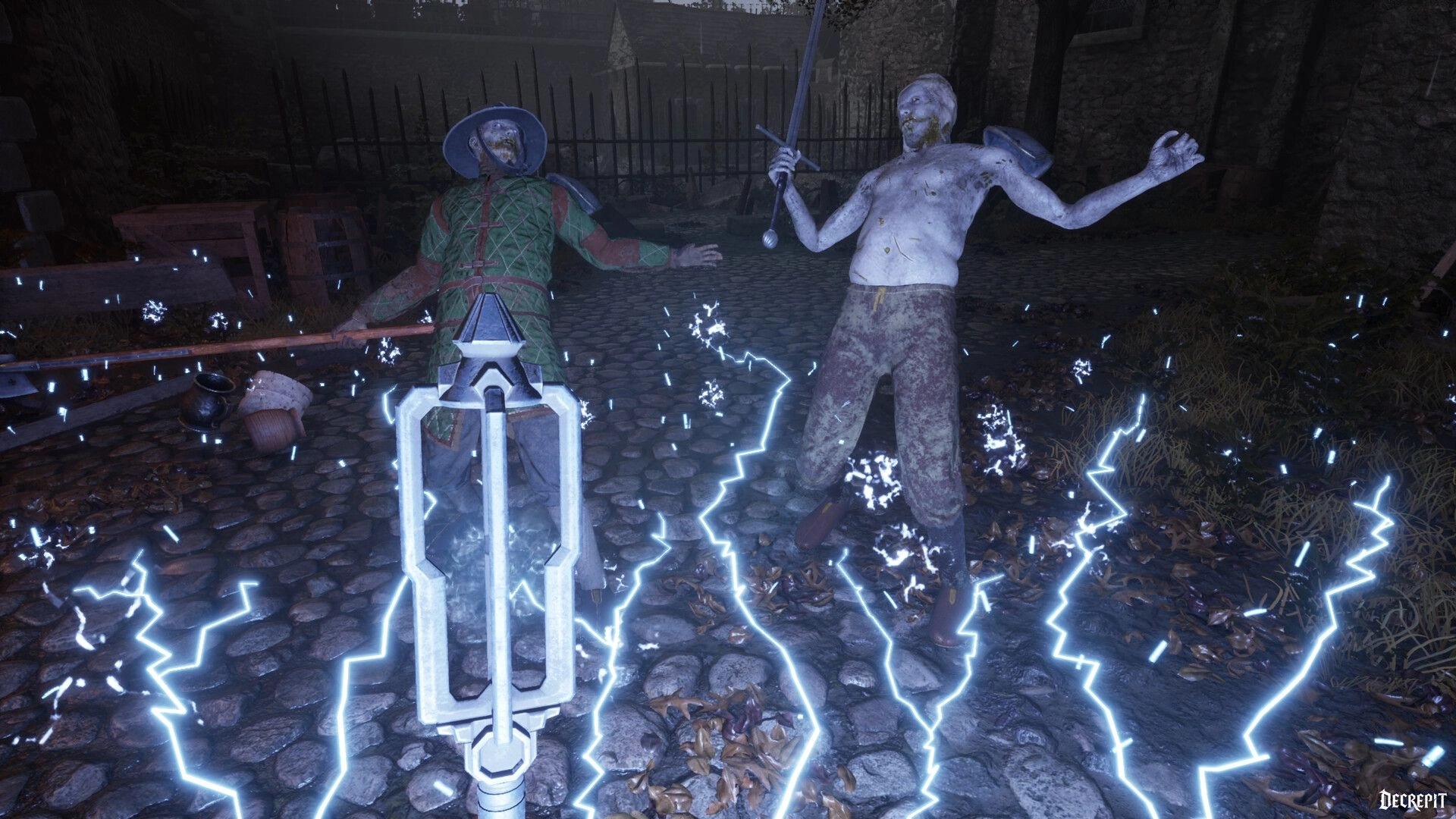 Decrepit: Player wielding electric weapon, battling undead in cobblestone courtyard at dusk.