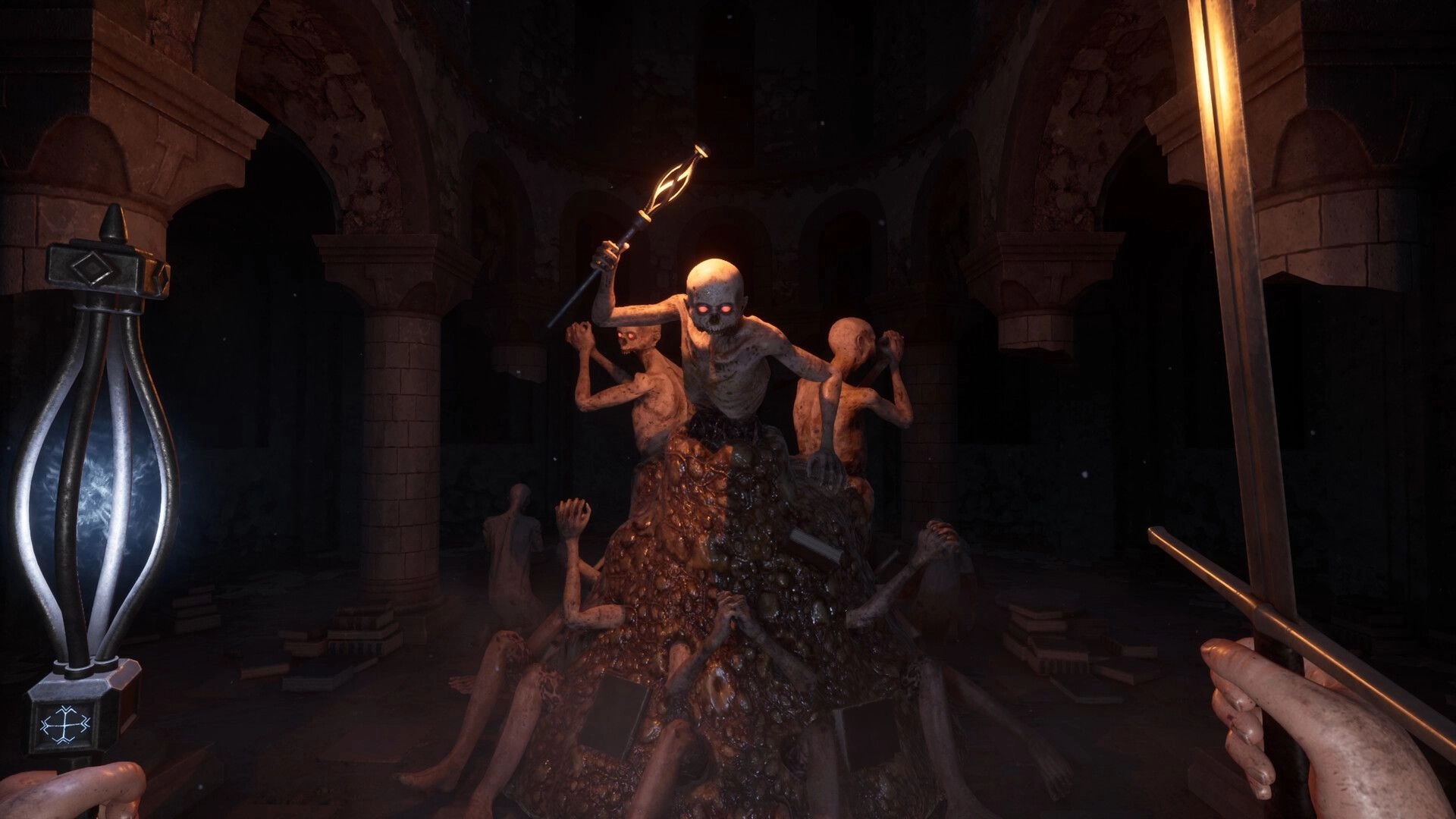 Decrepit: Player confronts grotesque creature wielding a staff in dimly lit castle chamber