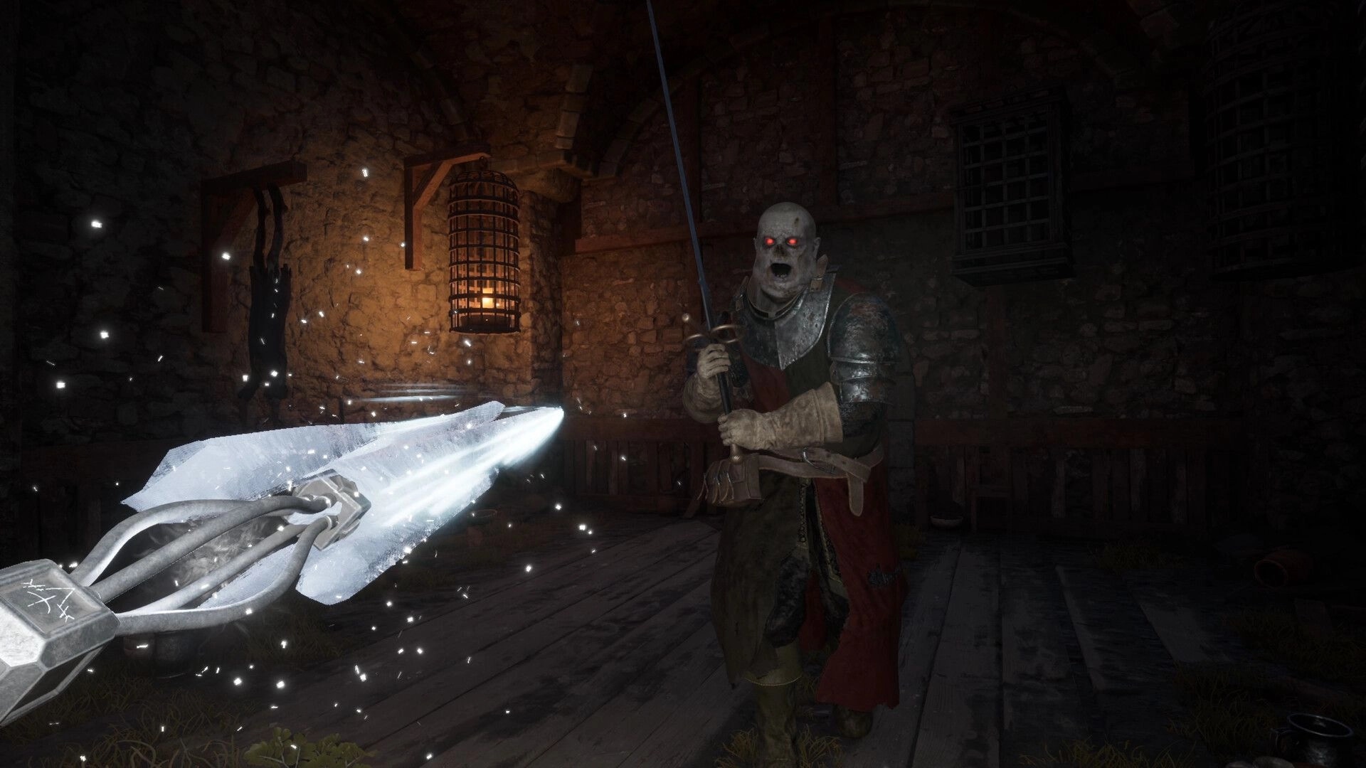 Decrepit: Player wielding glowing ice weapon facing armored enemy in dark dungeon chamber