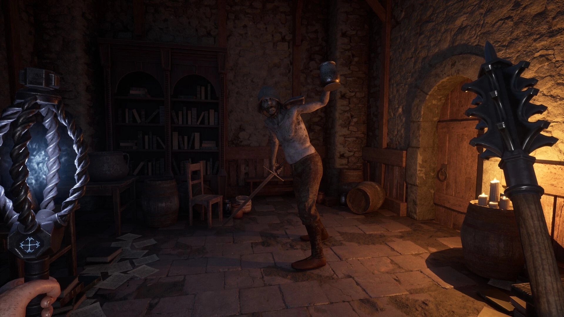 Decrepit: Player confronts an undead enemy in a dimly lit library with weapons drawn