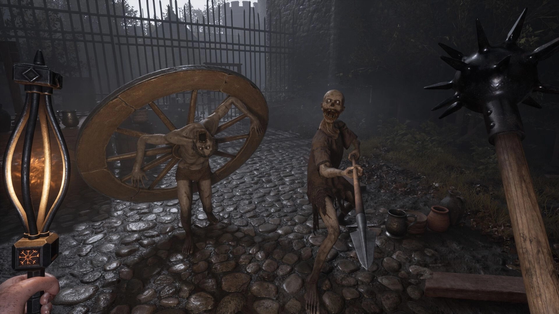 Decrepit: Player confronts two ghouls in cobblestone courtyard wielding torch and spiked mace.