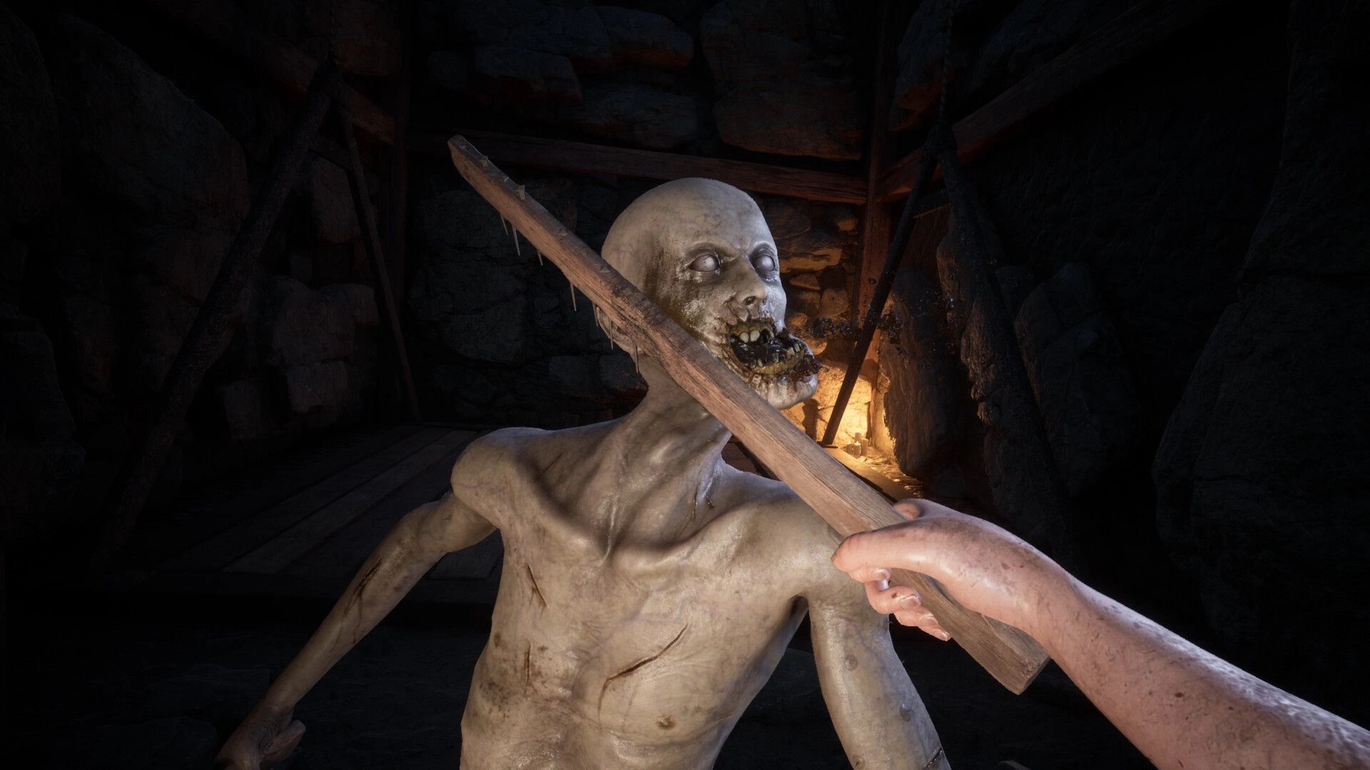 Decrepit: Player attacks skeletal creature with wooden stake in dimly lit dungeon corridor