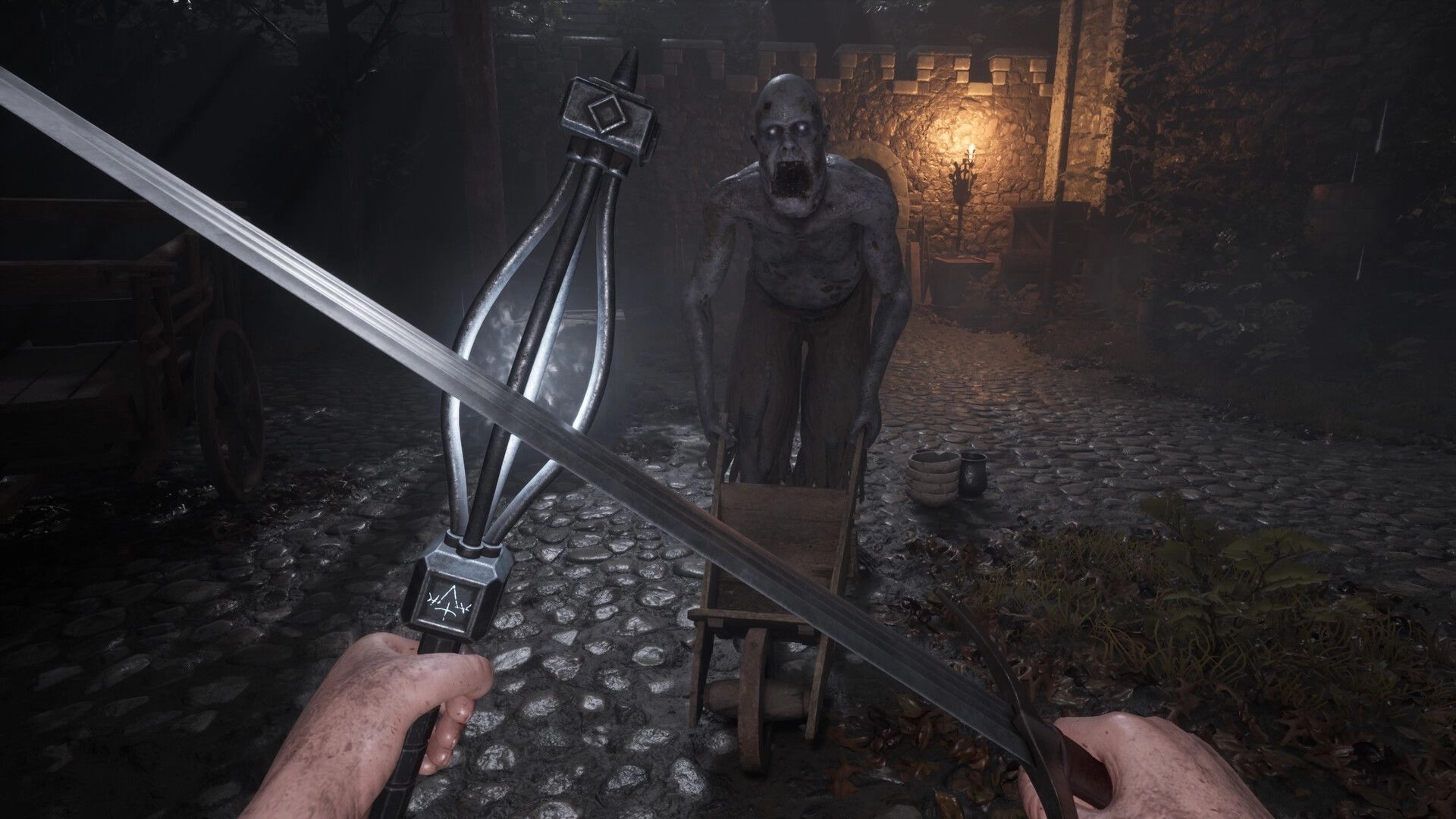 Decrepit: First-person combat with a grotesque creature on cobblestone path in dimly lit dungeon courtyard.