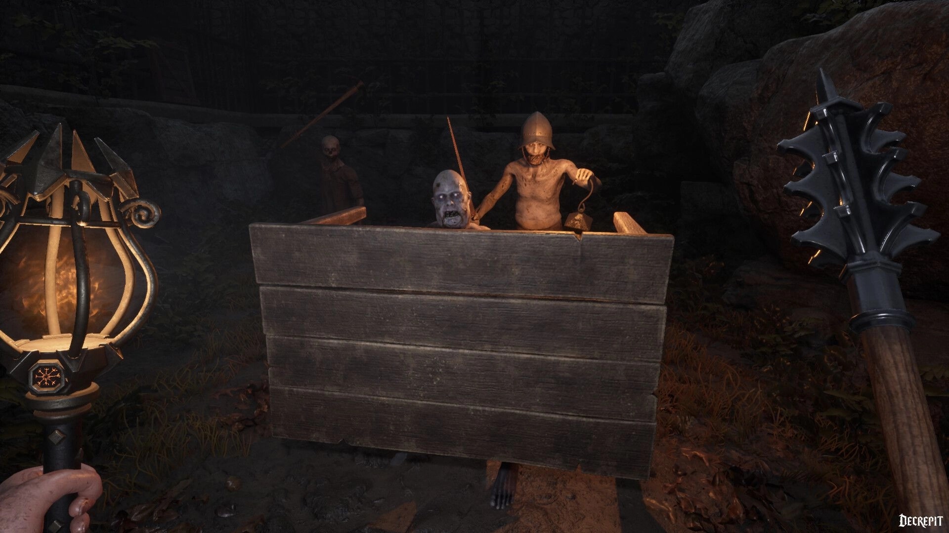 Decrepit: Player faces shielded enemies in dark dungeon, holding spiked mace and lantern for light.