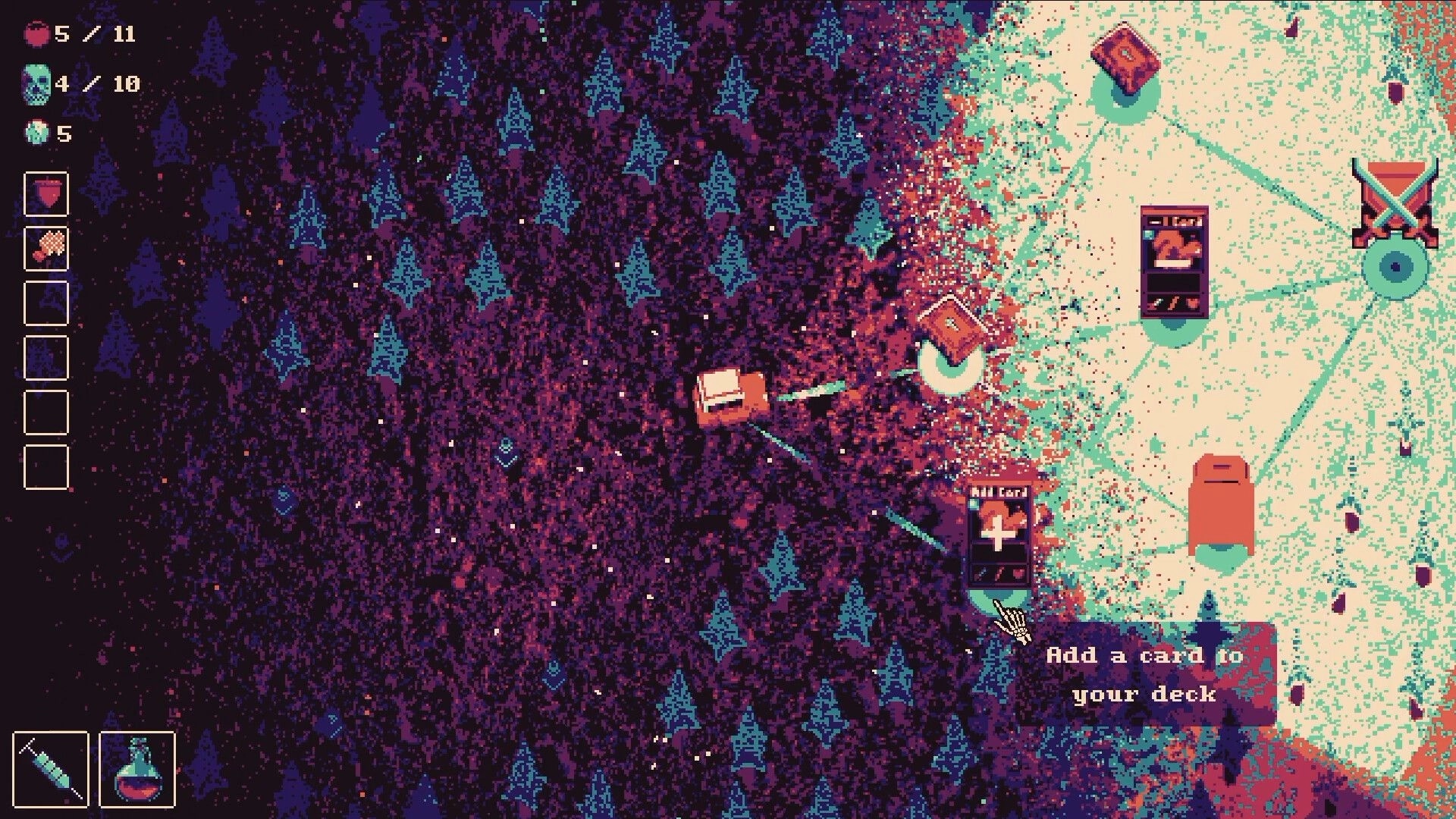 Decromancy: Selecting a new card reward on a snowy clearing beside a dark forest with HUD stats.