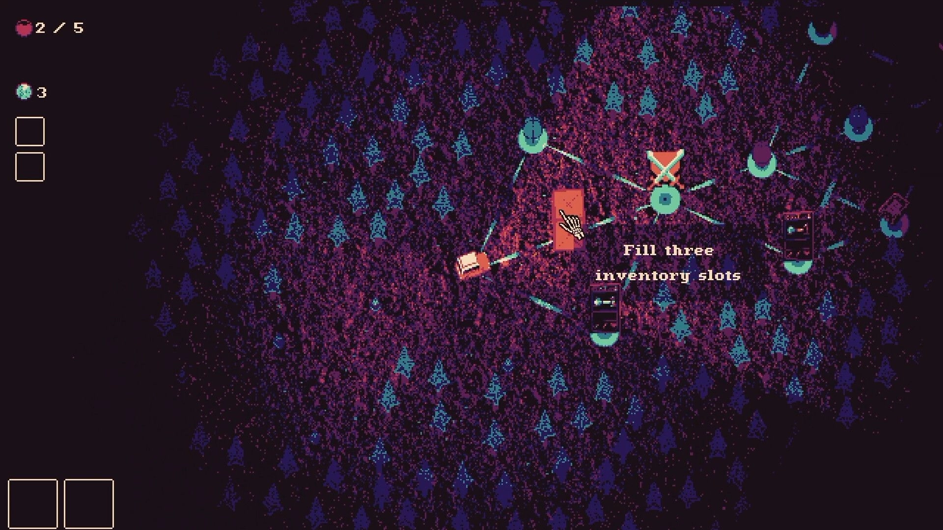 Decromancy: Map screen with branching nodes and task “Fill three inventory slots” over dark forest.