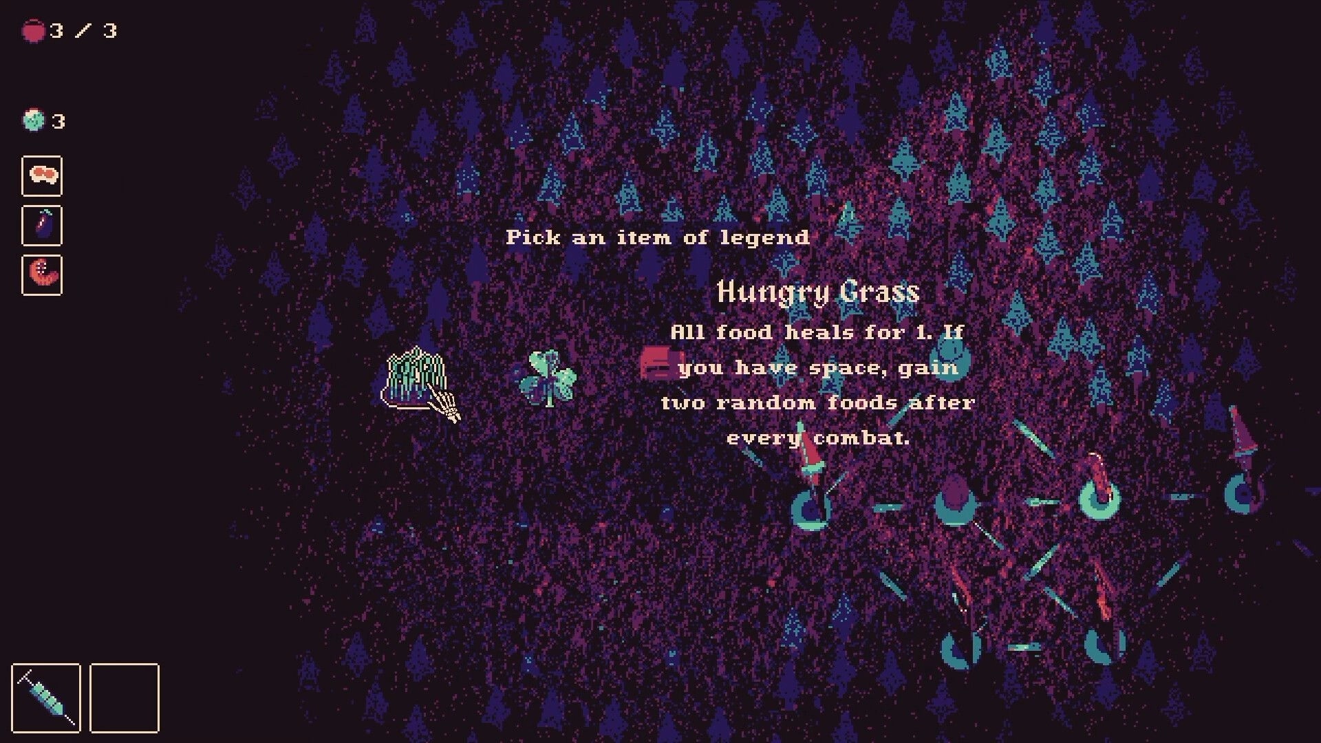 Decromancy: Choosing a legendary item with Hungry Grass tooltip over a dark forest map UI.