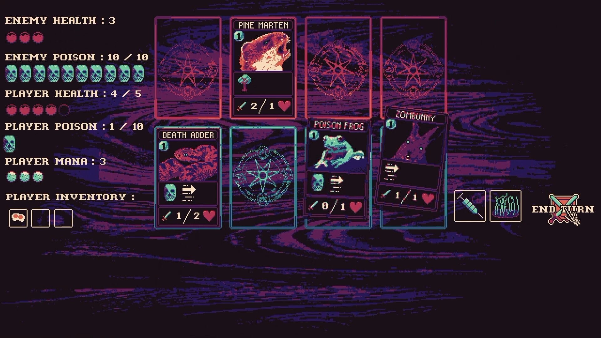 Decromancy: Card battle board with Pine Marten, Death Adder, Poison Frog and Corbunny in play.