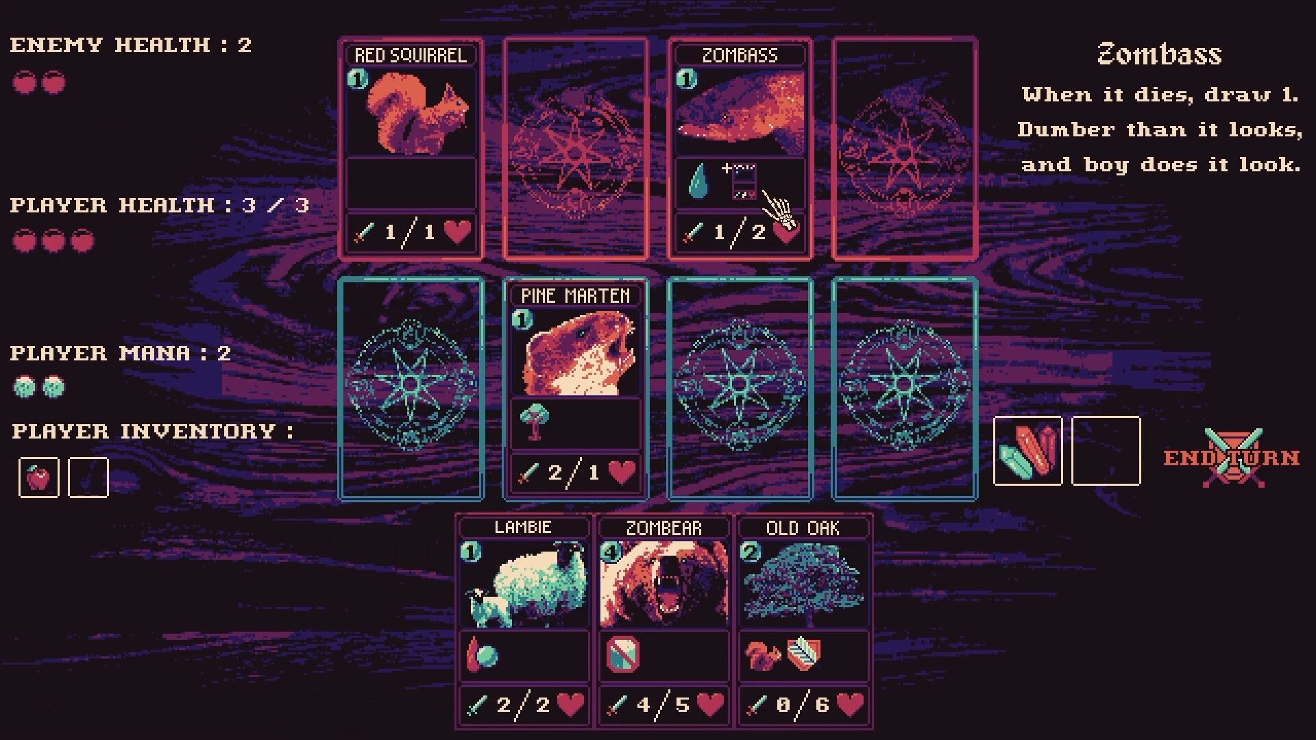 Decromancy: Card battle board with Pine Marten vs Zombass, health and mana UI, End Turn button.