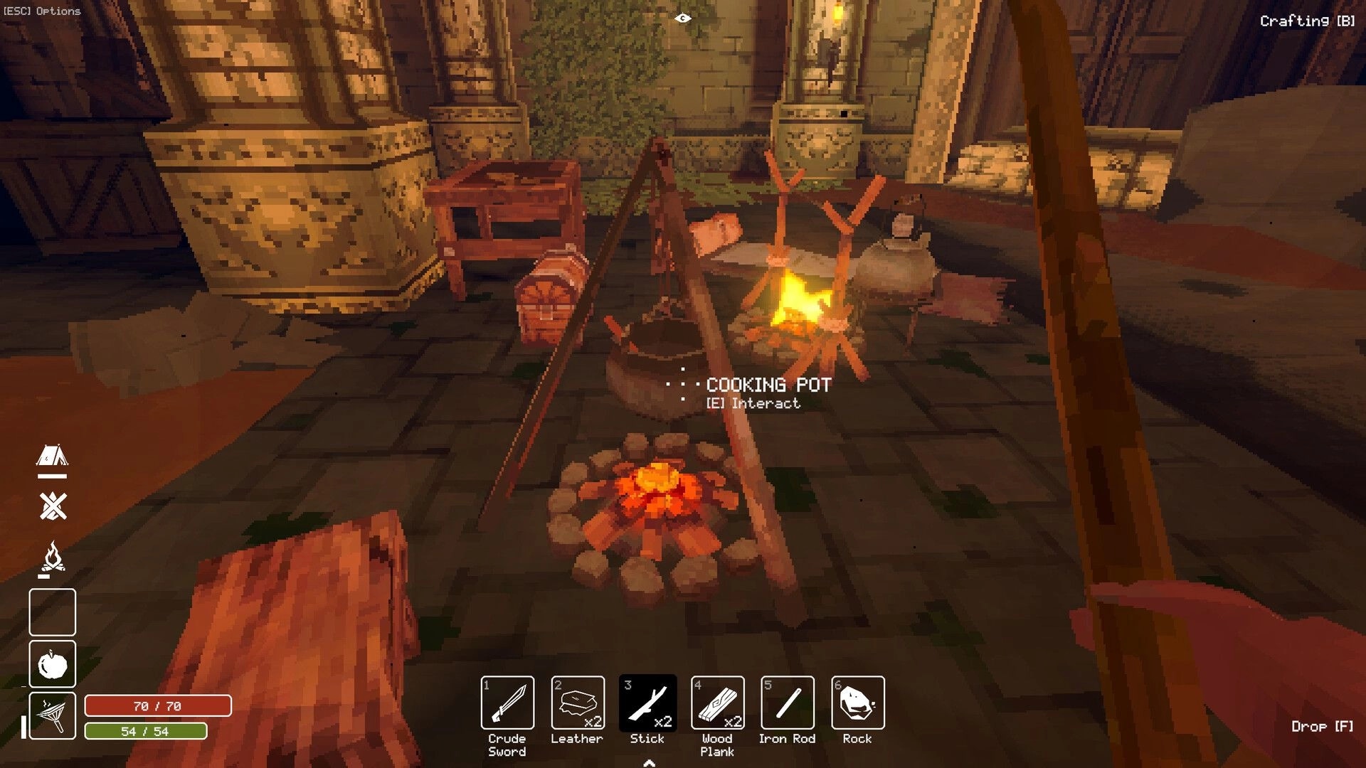 Deep Dish Dungeon: Interacting with a cooking pot over campfire in a stone dungeon camp area.
