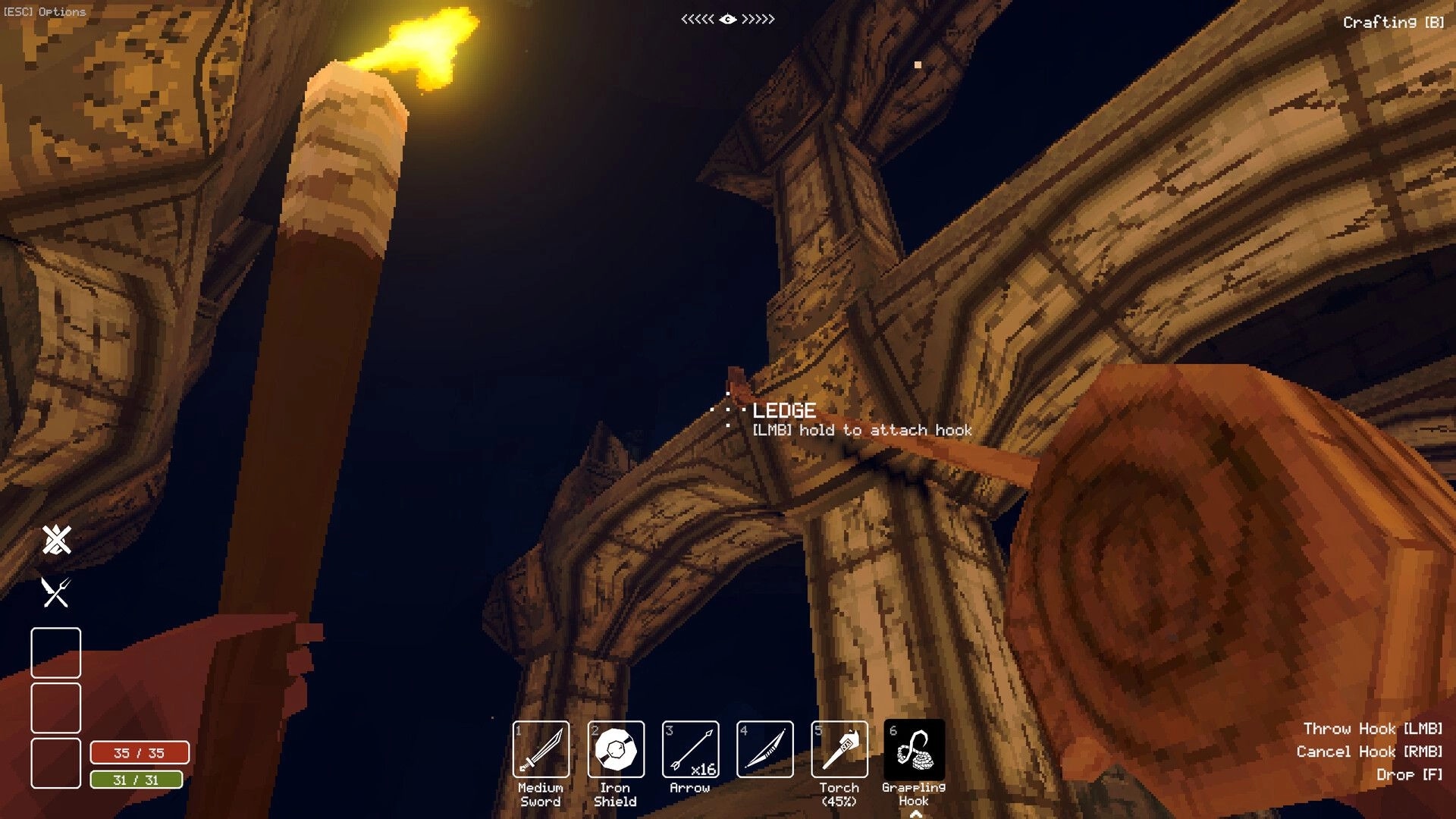 Deep Dish Dungeon: Aiming grappling hook at ledge prompt, torch lit in towering stone archway ruins.