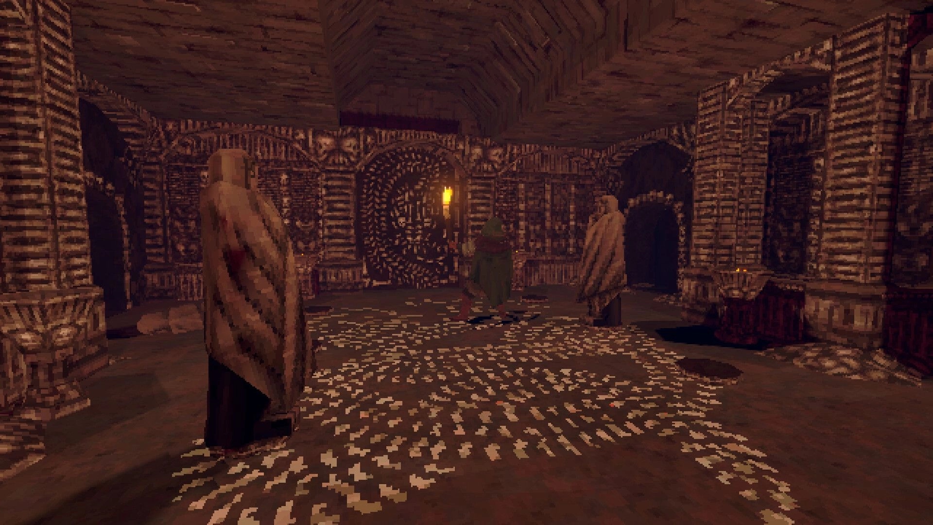 Deep Dish Dungeon: Hooded adventurer faces a rune door in a torchlit stone chamber with pillars.