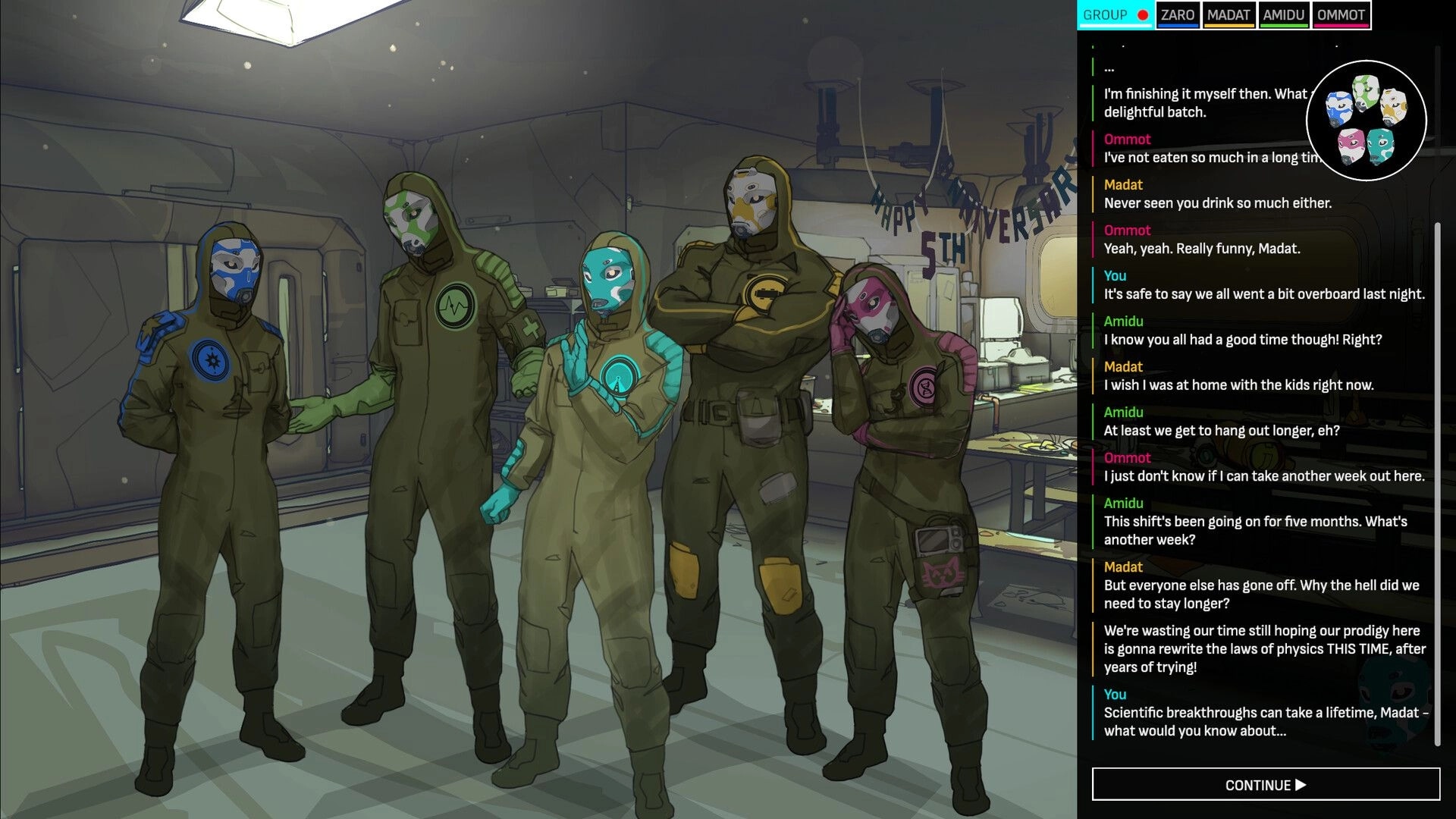 Deep Fog Signals: Group dialogue UI with masked crew in a cluttered outpost room under party banner.