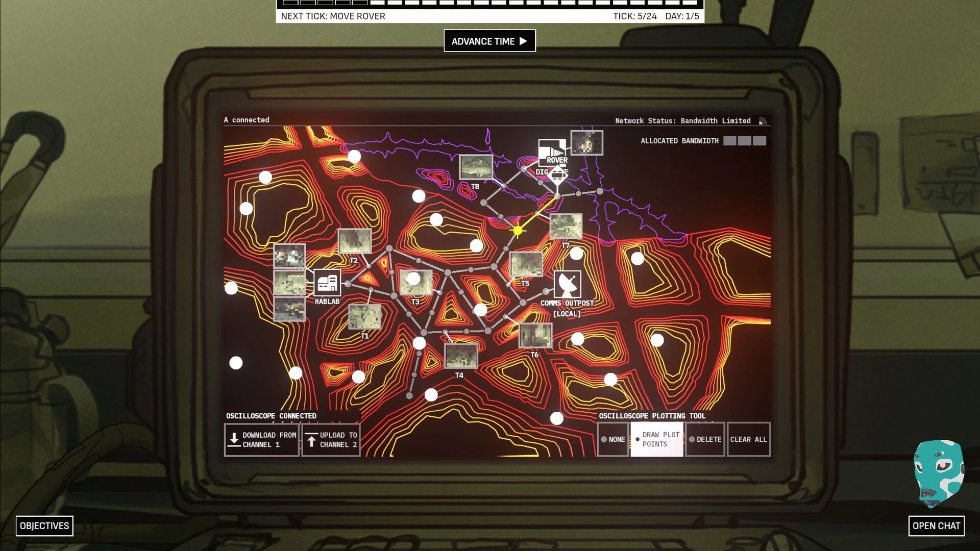 Deep Fog Signals: Rover route map with contour lines, dig node, and bandwidth bars on terminal screen.