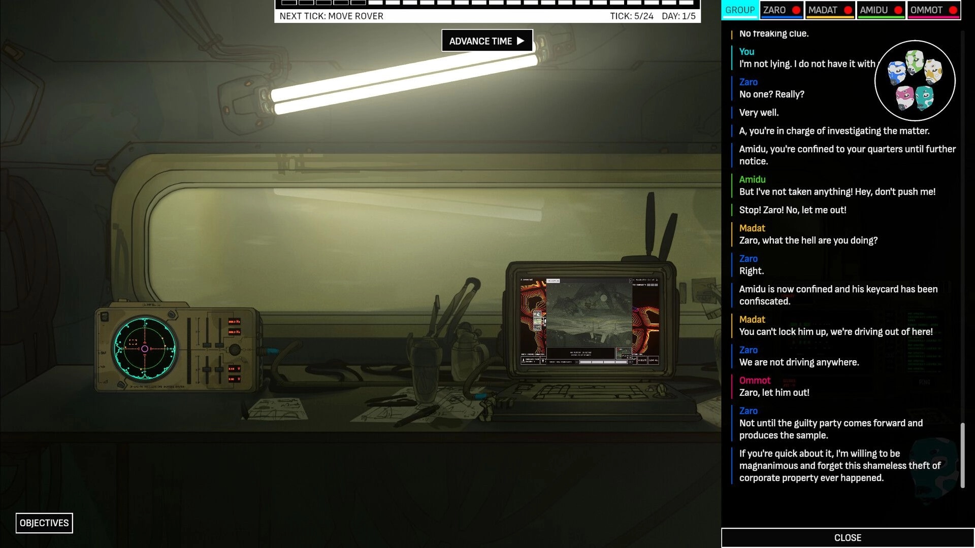Deep Fog Signals: Crew chat log as Zaro confines Amidu, desk radar and laptop in foggy outpost room.
