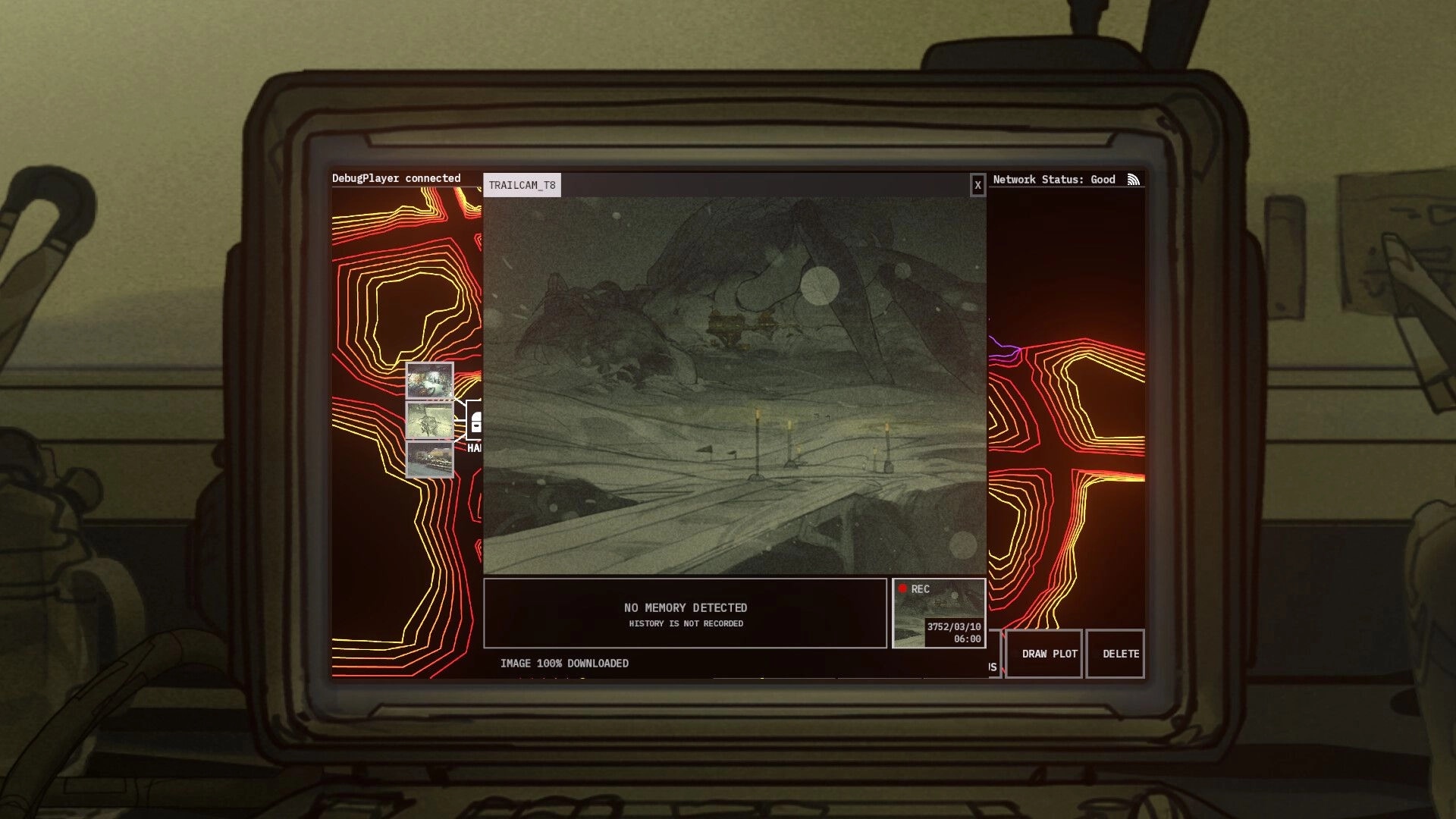 Deep Fog Signals: Trailcam feed and map UI with REC indicator inside a dim outpost control room.