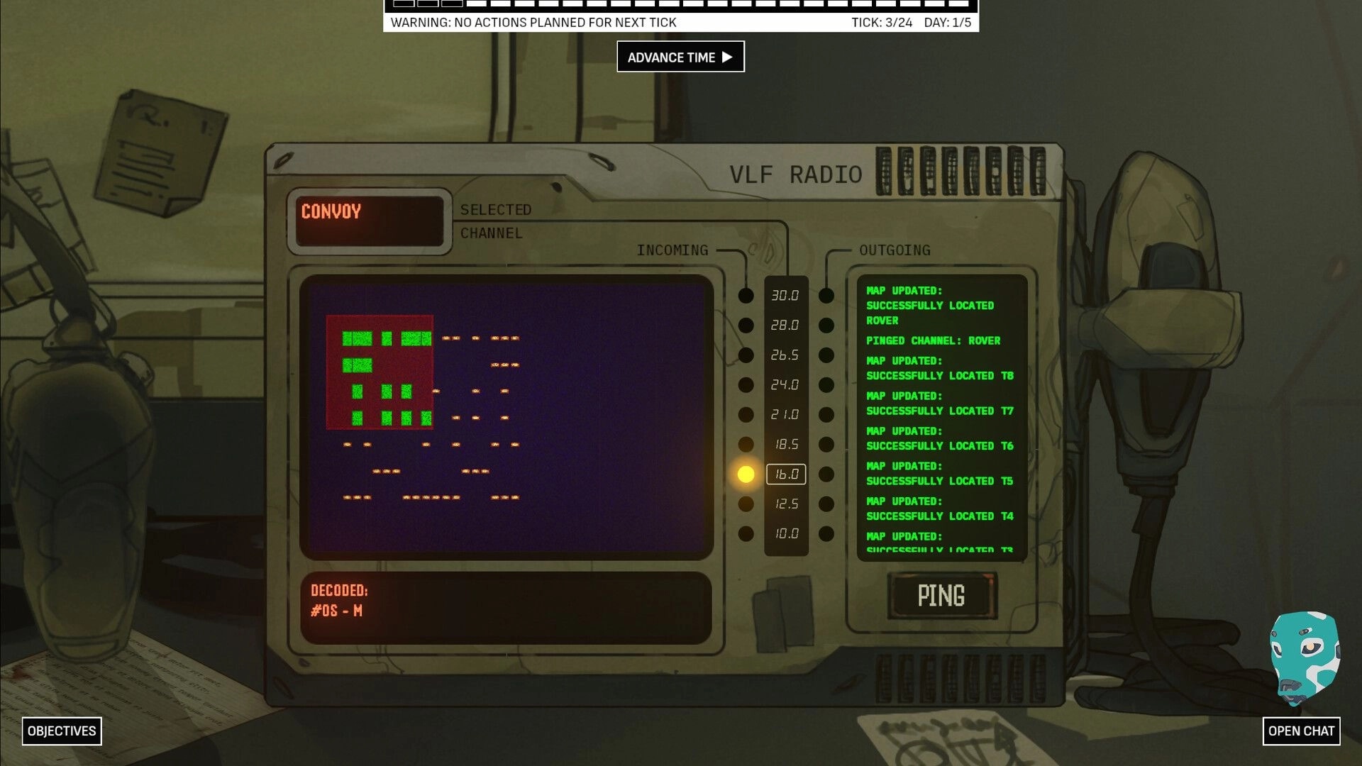 Deep Fog Signals: VLF radio screen decoding convoy signal with map pings in a dim outpost control room.