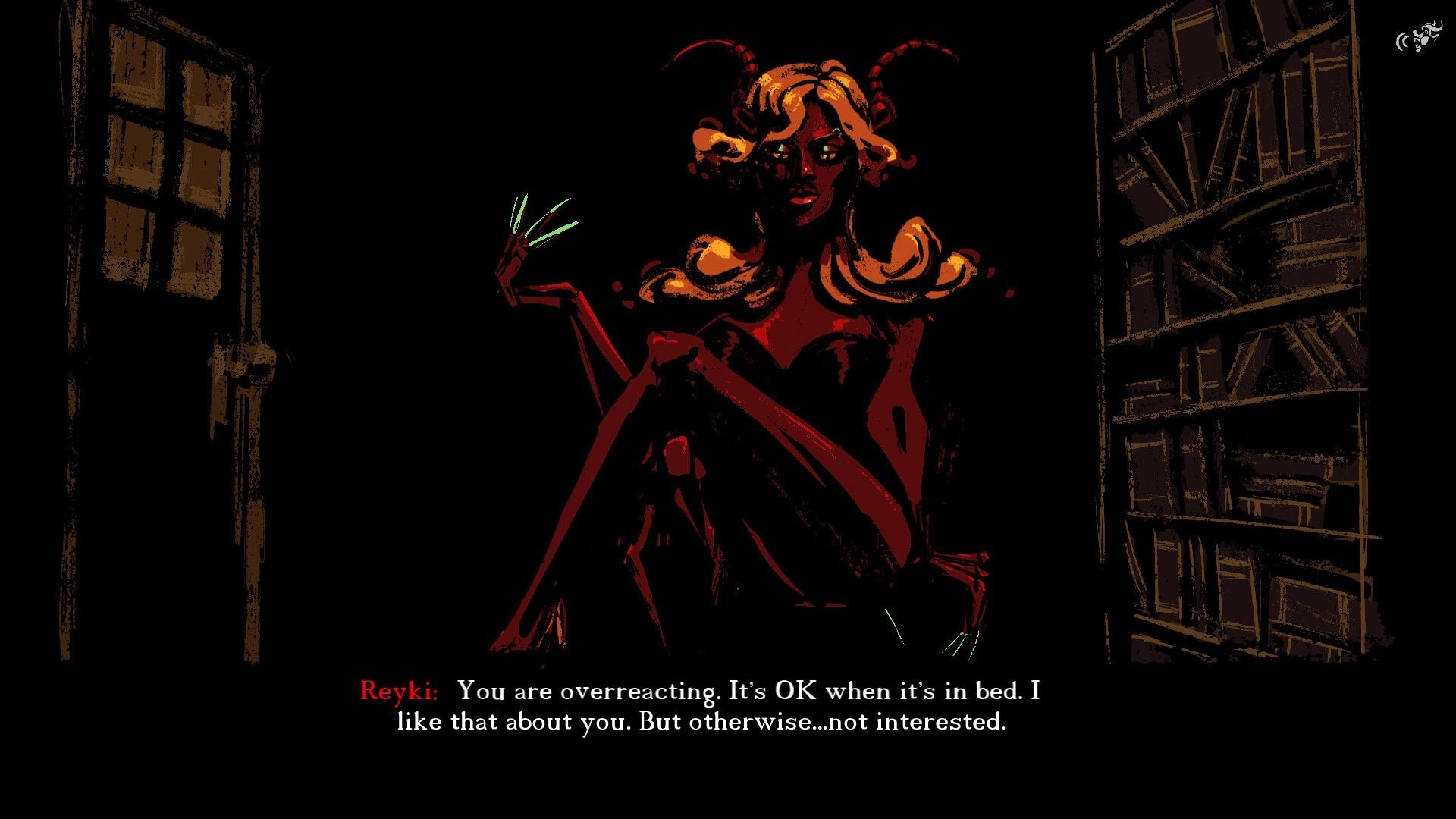 Deep In Hell: Reyki, a horned figure, sits in a dimly lit room with bookshelves and a closed door.