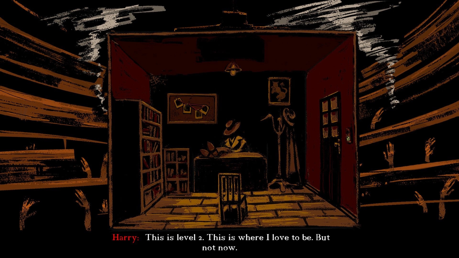 Deep In Hell: Detective Harry at desk in dimly lit office with hands reaching from dark corridor walls