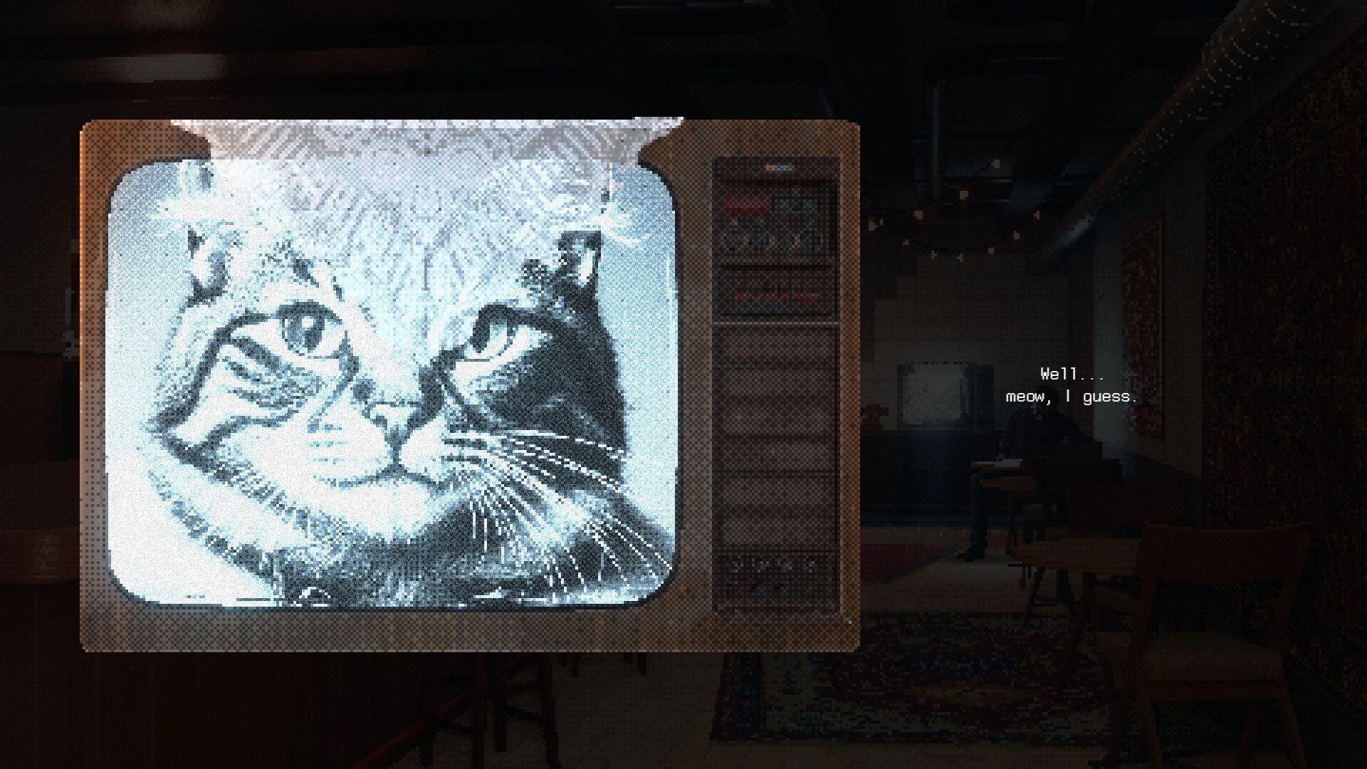 Deep Pixel Melancholy: Vintage TV displaying cat image in dimly lit room with mysterious dialogue.