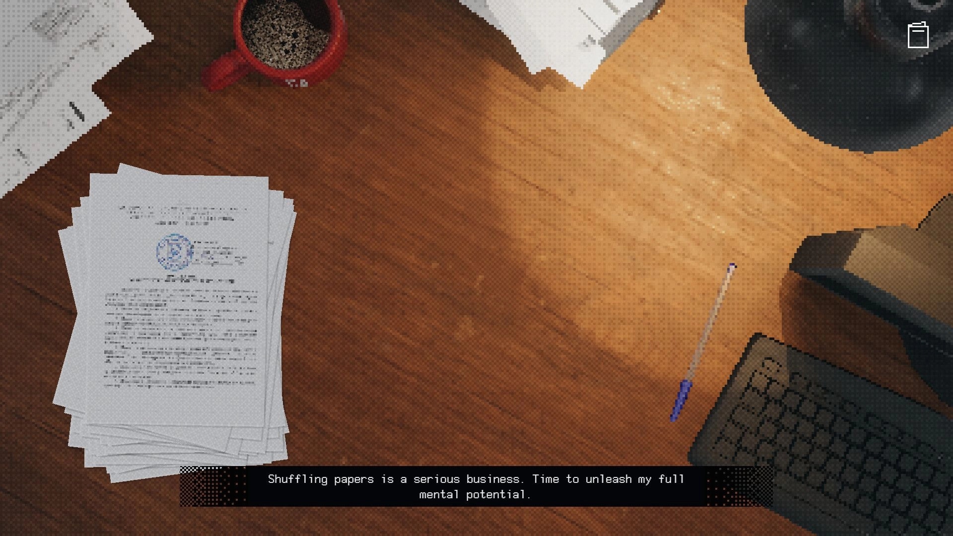 Deep Pixel Melancholy: Desk with scattered papers, a coffee mug, and a laptop in a dimly lit office