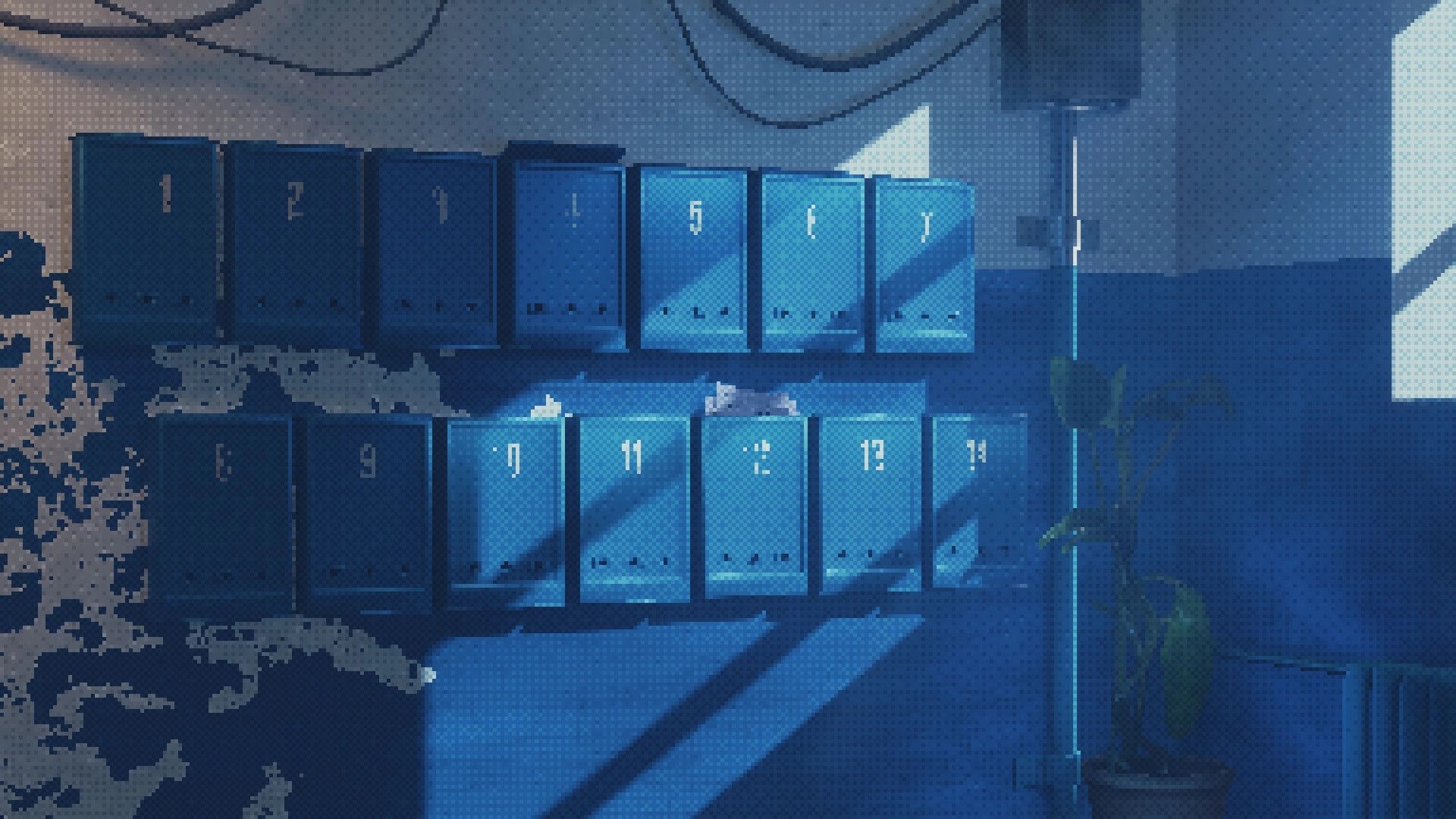 Deep Pixel Melancholy: Sunlit corridor with numbered mailboxes, peeling paint, and a potted plant.