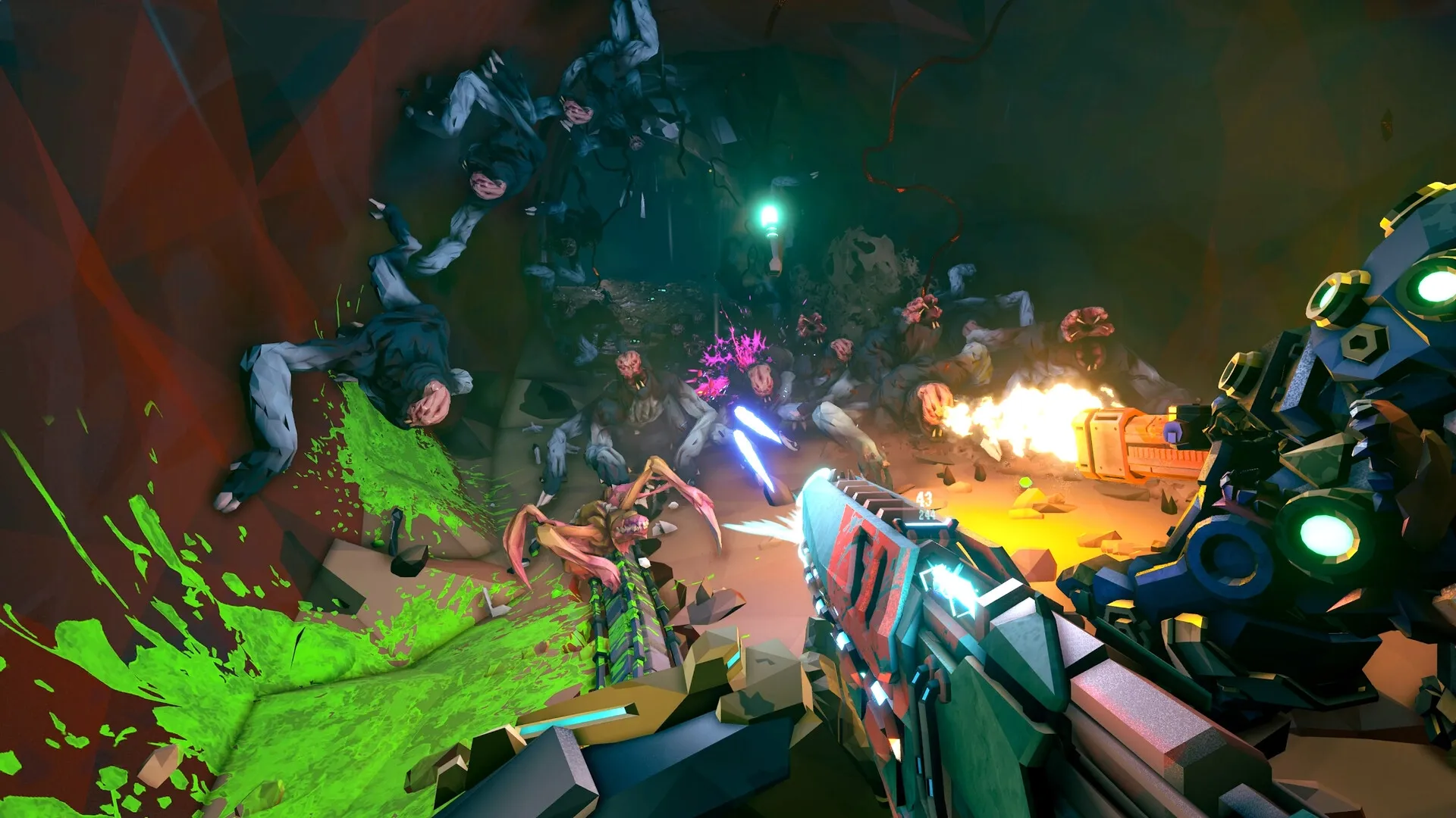 Deep Rock Galactic: First-person combat with alien creatures in a cave using futuristic weapons