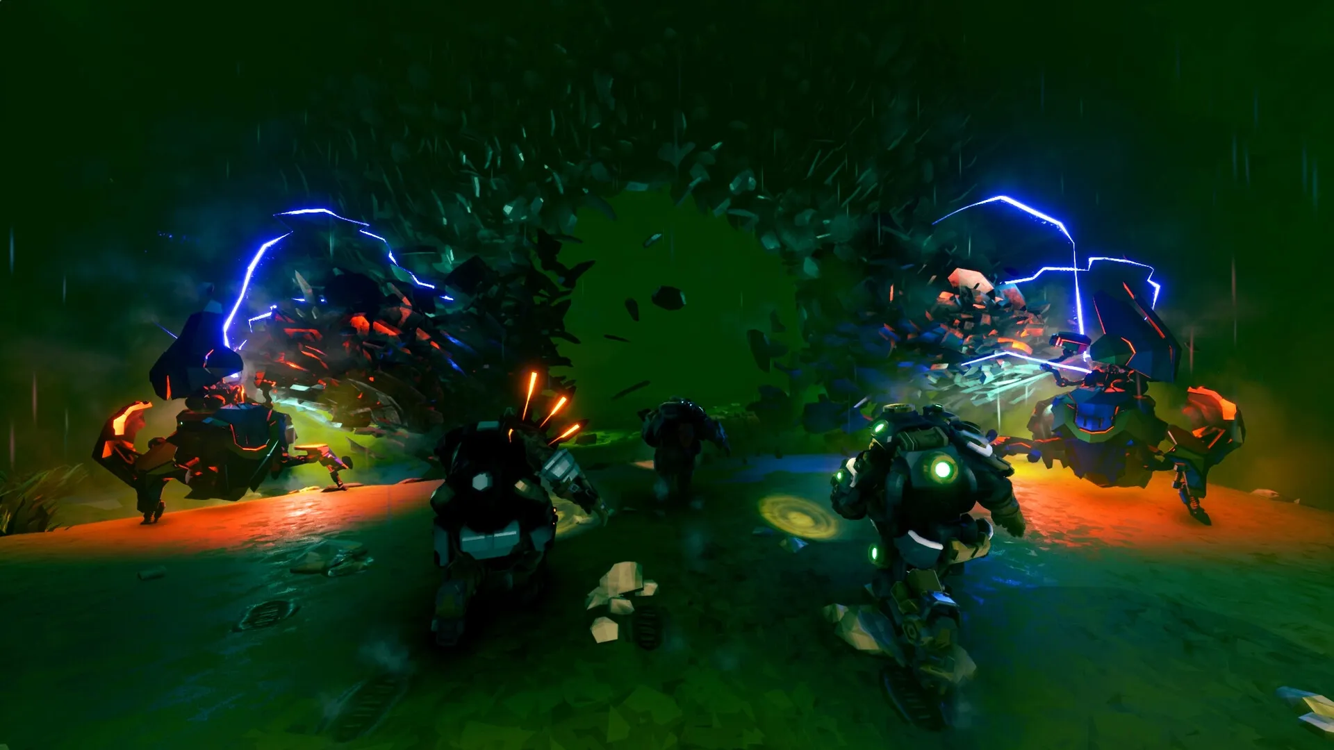 Deep Rock Galactic: Four dwarves advance in a cave under attack by two large, glowing alien creatures.
