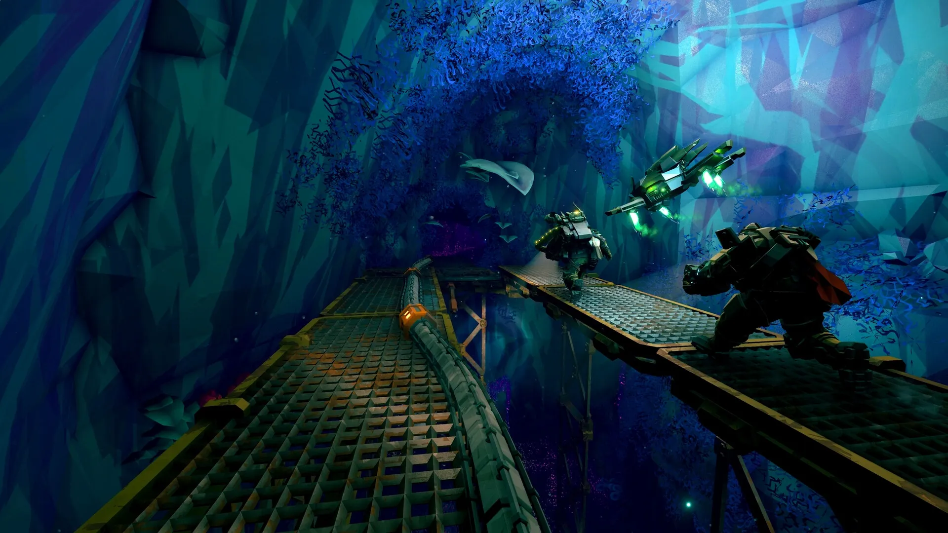 Deep Rock Galactic: Dwarves exploring a cave with bioluminescent plants and a hovering drone nearby
