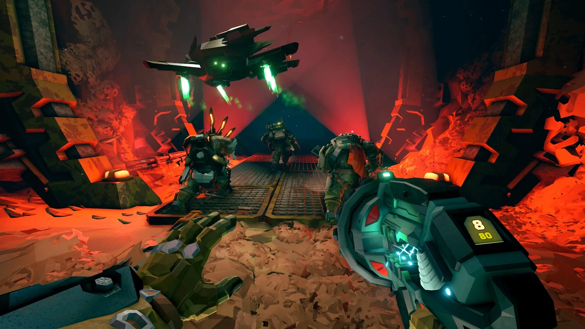 Deep Rock Galactic: First-person view with dwarves entering cave, gun HUD showing ammo count