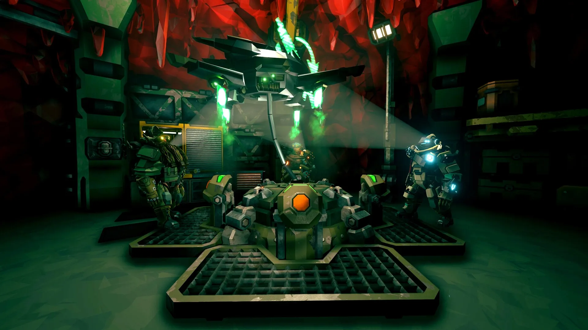 Deep Rock Galactic: Three armored dwarves assembling around a glowing device in a red-hued cave setting.