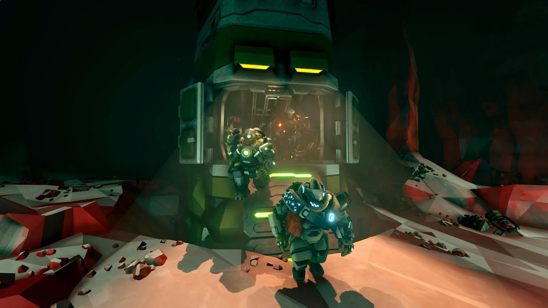 Deep Rock Galactic: Dwarves exiting drop pod into alien cave environment with rocky terrain