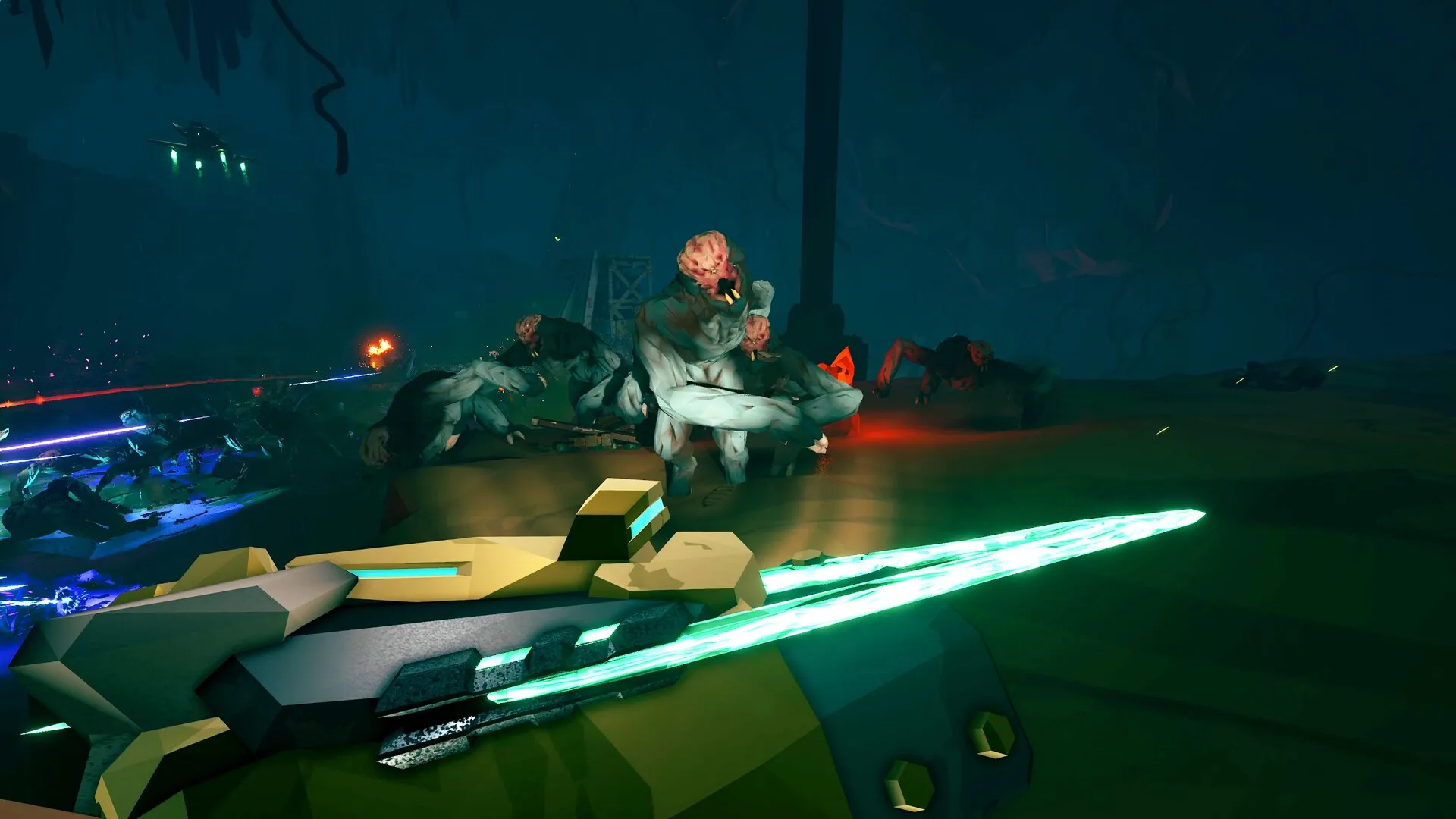 Deep Rock Galactic: Dwarf facing alien creatures with energy weapon in dark underground cave