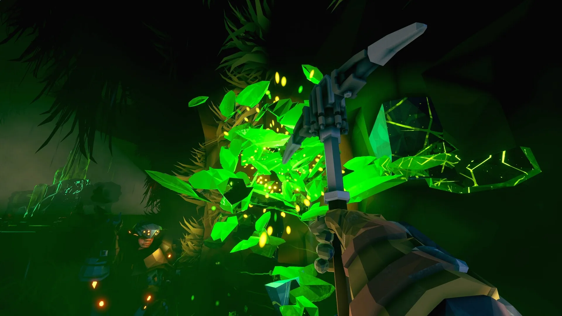 Deep Rock Galactic: Dwarf mining vibrant green crystals in dark cave with pickaxe raised
