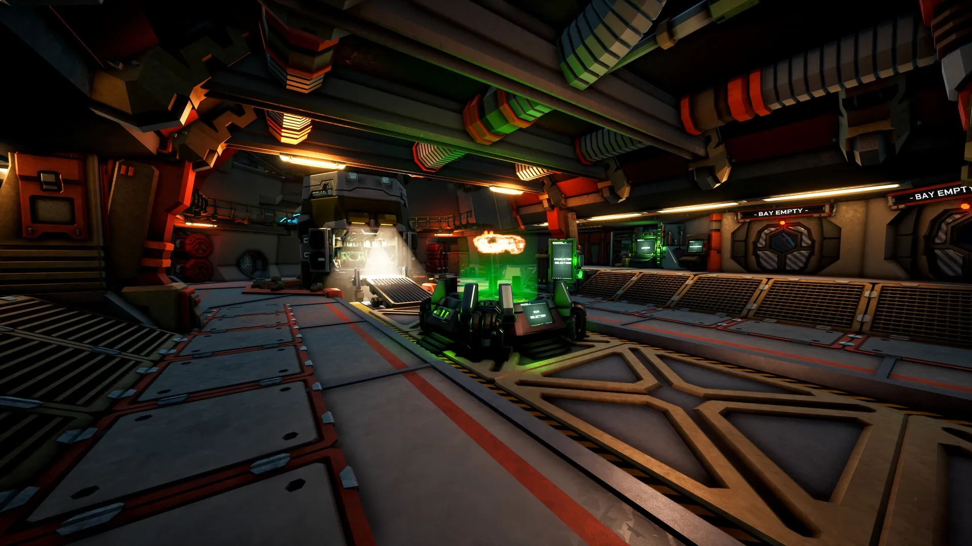 Deep Rock Galactic: Empty docking bay with glowing green consoles in a metallic, sci-fi mining facility