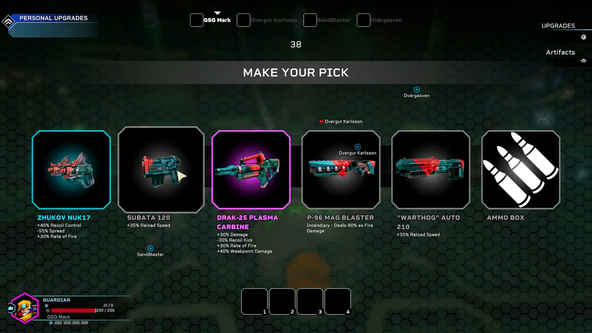 Deep Rock Galactic: Weapon selection screen displaying five different upgrade options in hex grid setting