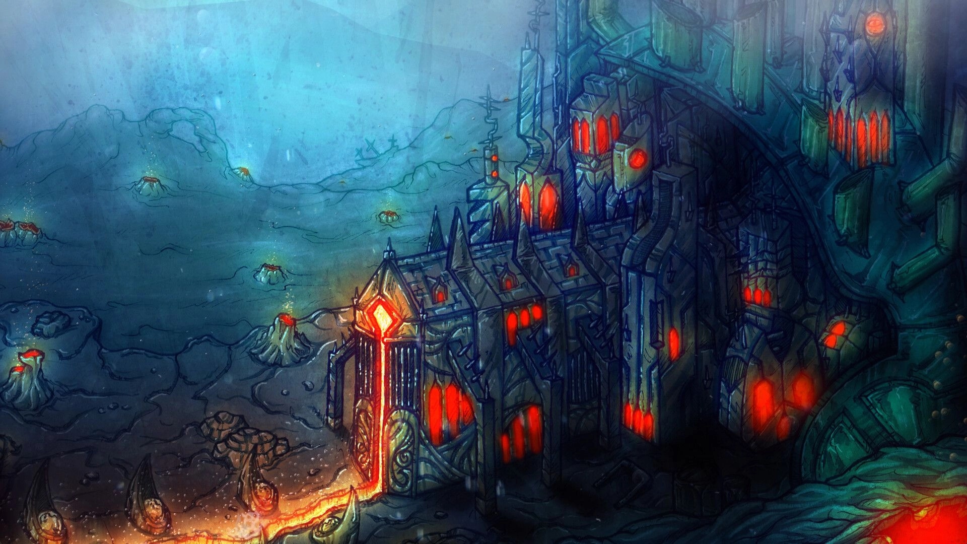 Deep Siren: Underwater fortress with glowing red windows beside a bleak seabed and distant ruins.