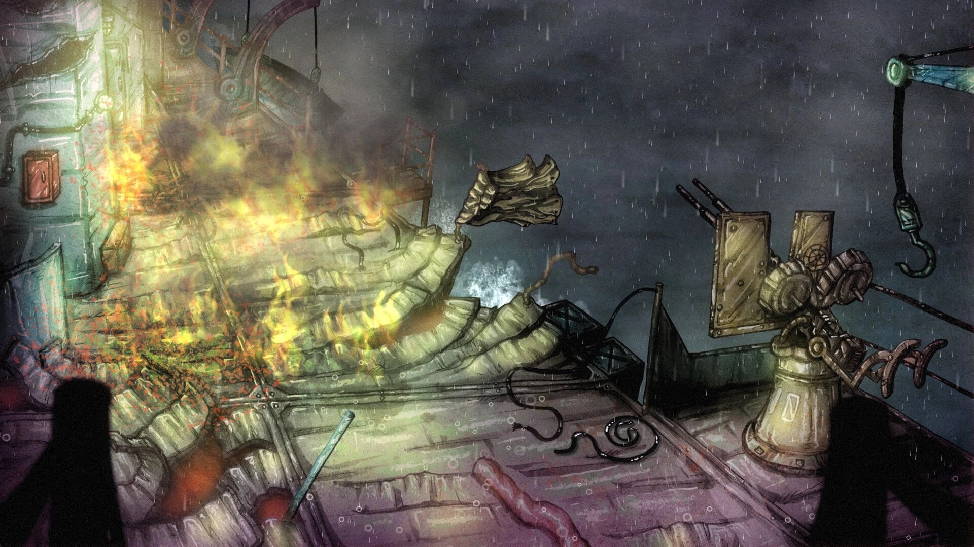 Deep Siren: Burning ship deck with twisted wreckage and gun turret under heavy rain at sea.