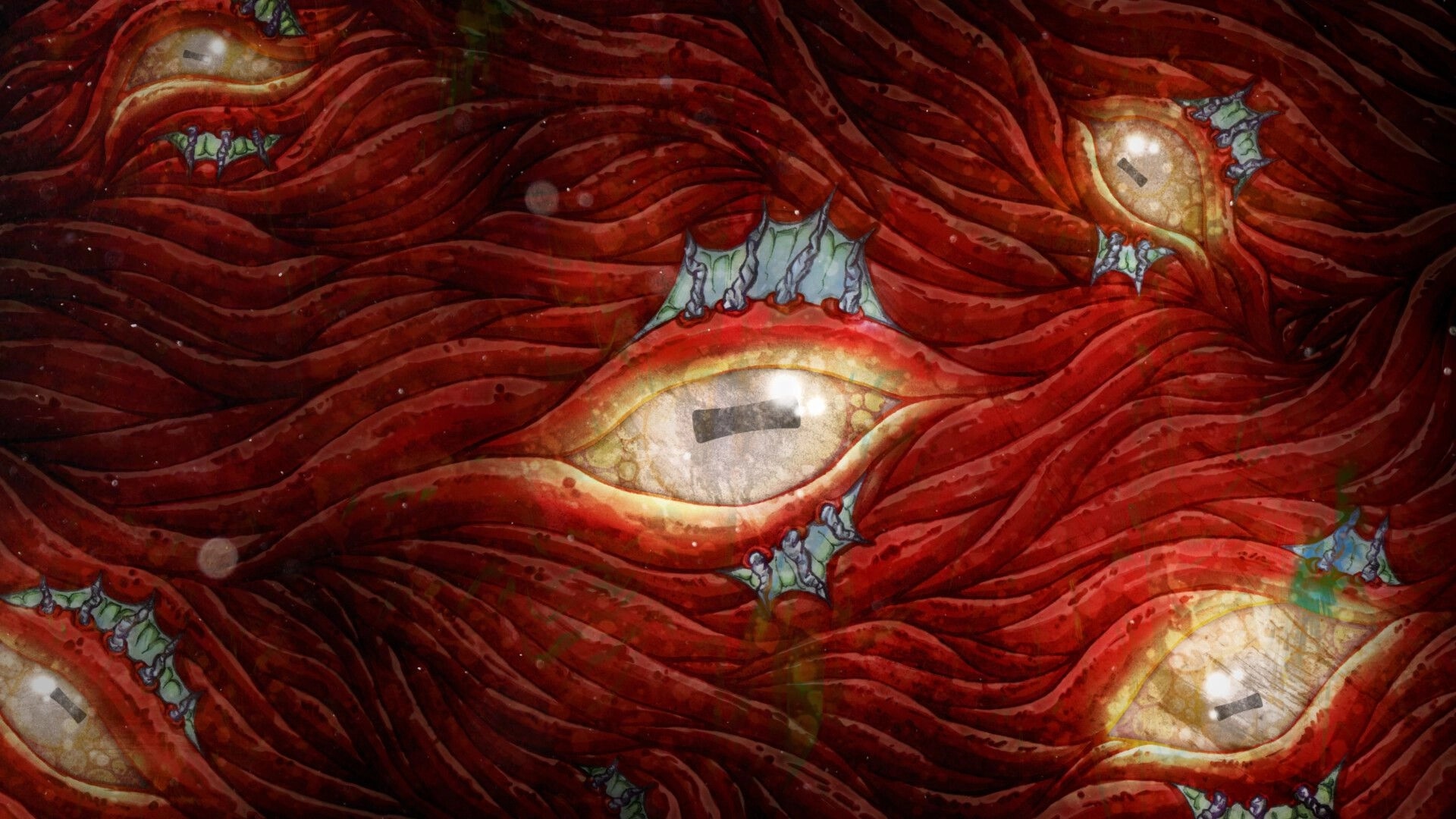 Deep Siren: Close-up of eerie, slit-pupil eyes embedded in rippling red flesh, abstract horror backdrop.