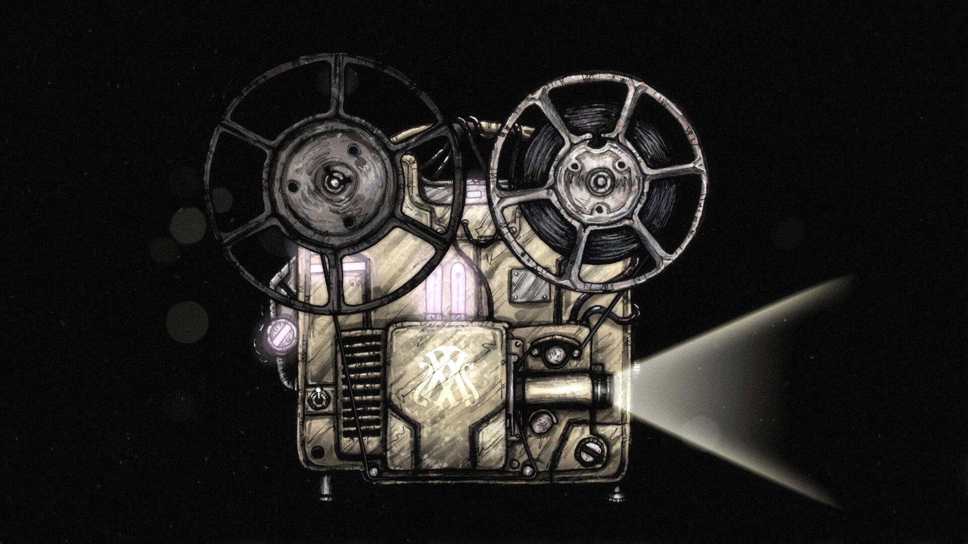 Deep Siren: Vintage film projector with twin reels casting a bright beam into a dark void background.