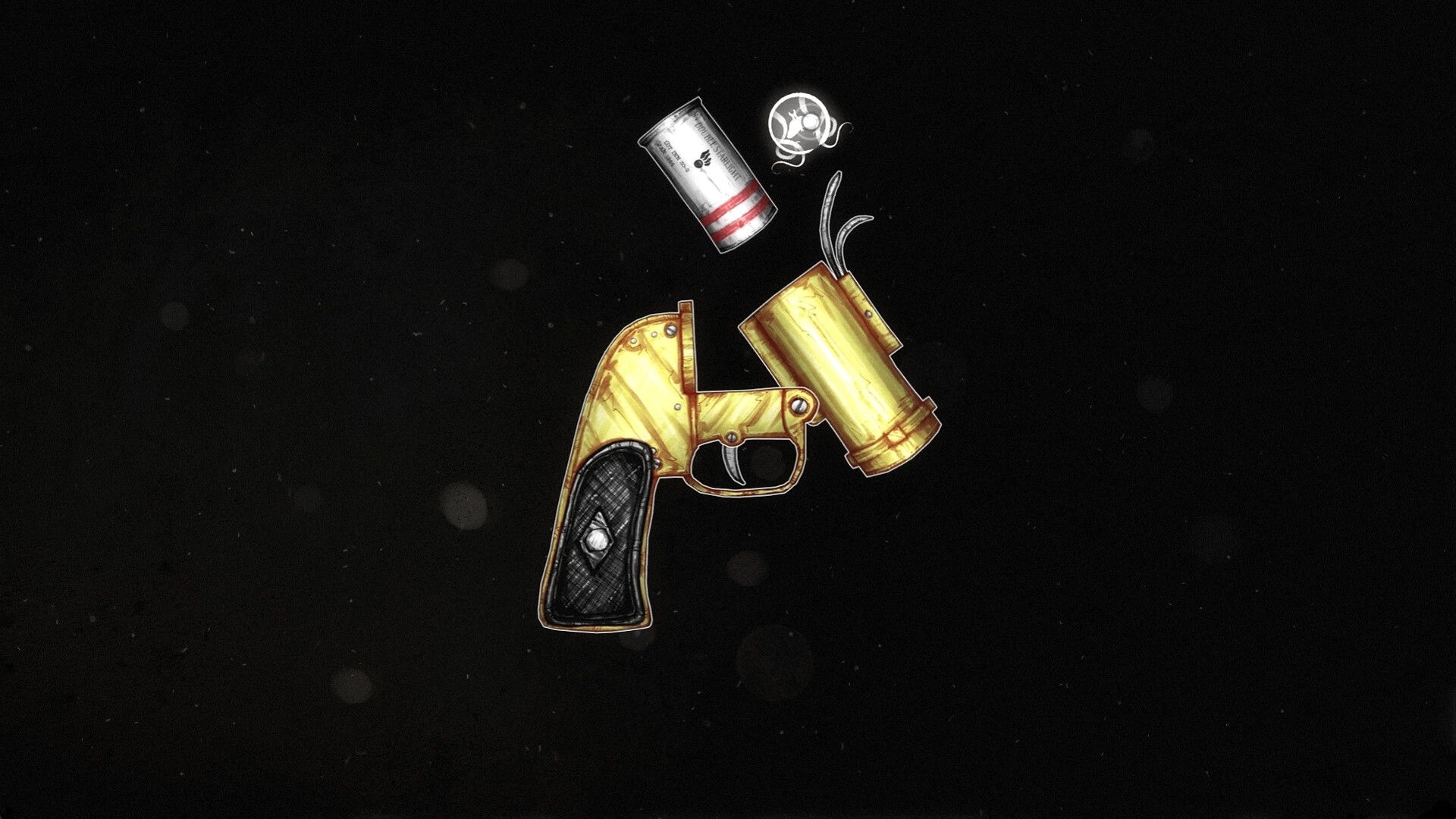 Deep Siren: Floating flare gun with a canister and fuse icon on a dark, speckled backdrop.