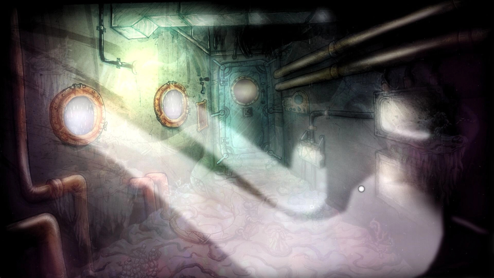 Deep Siren: Empty ship corridor with porthole windows and pipes, fog on floor and light rays cutting in.