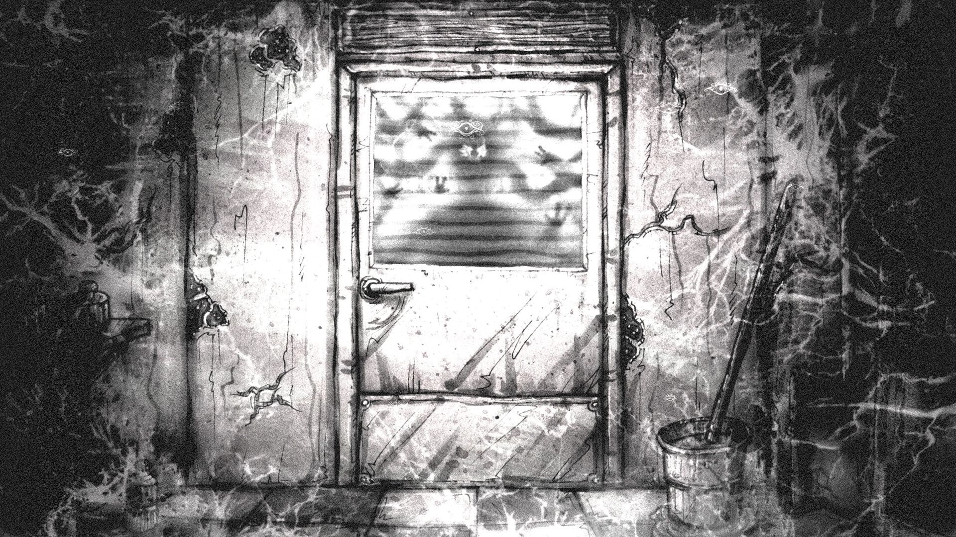 Deep Siren: Grimy metal door with frosted window and strange eye symbols in a flooded corridor.