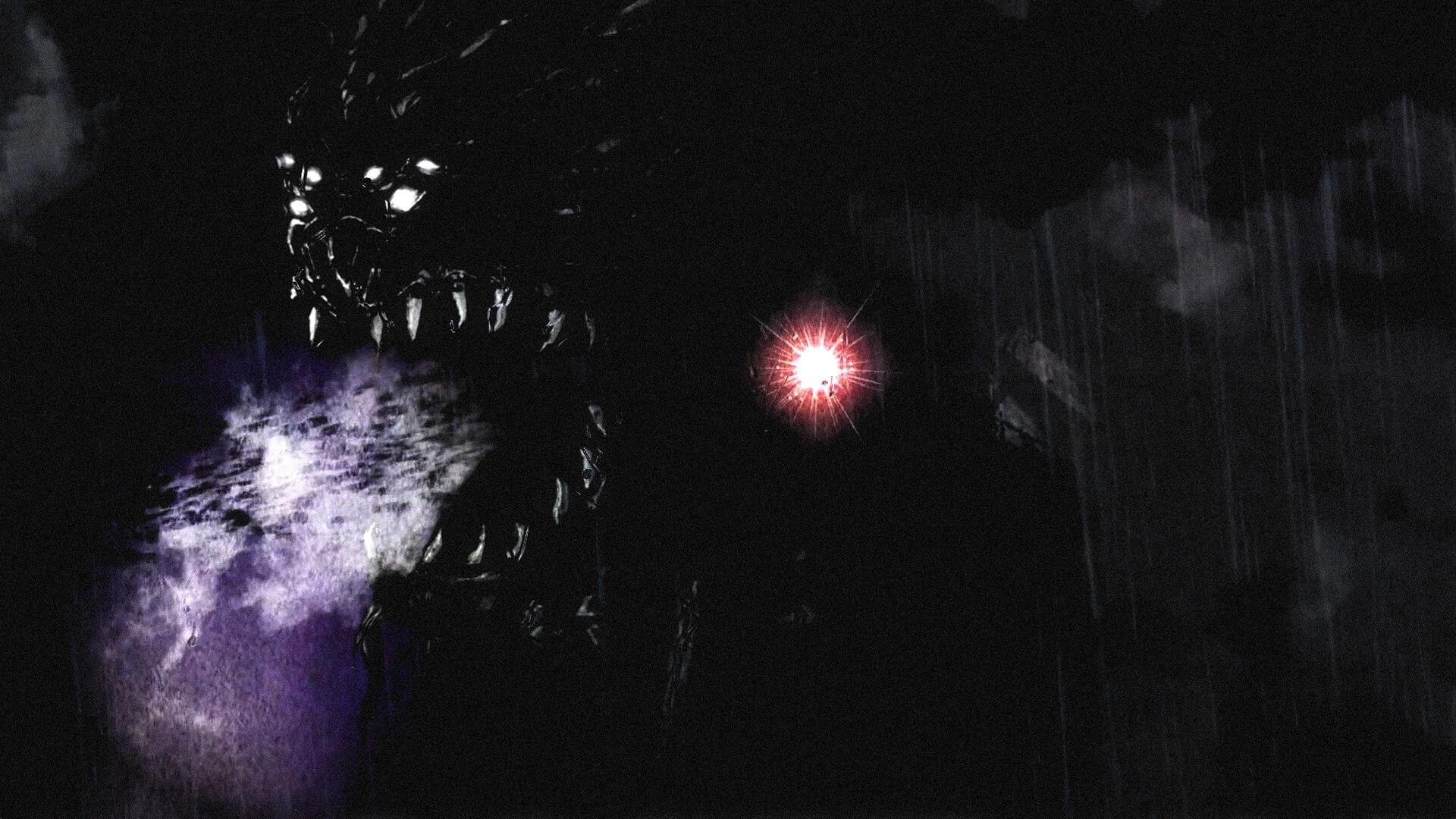 Deep Siren: Glowing red flare lights a shadowy monster with sharp teeth in a dark rainy void.
