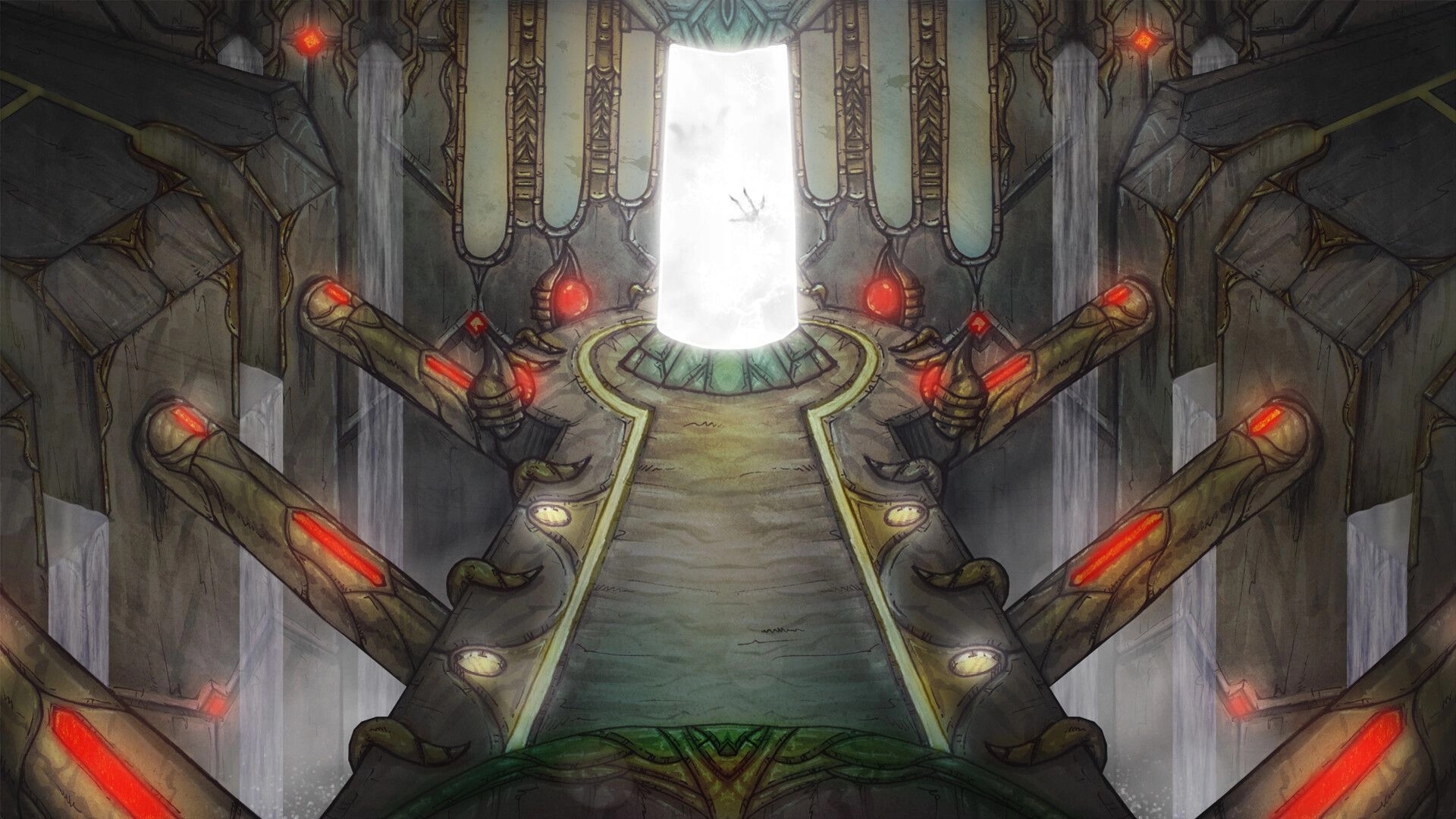 Deep Siren: Empty metal walkway leading to a glowing doorway inside an industrial chamber with red lights.